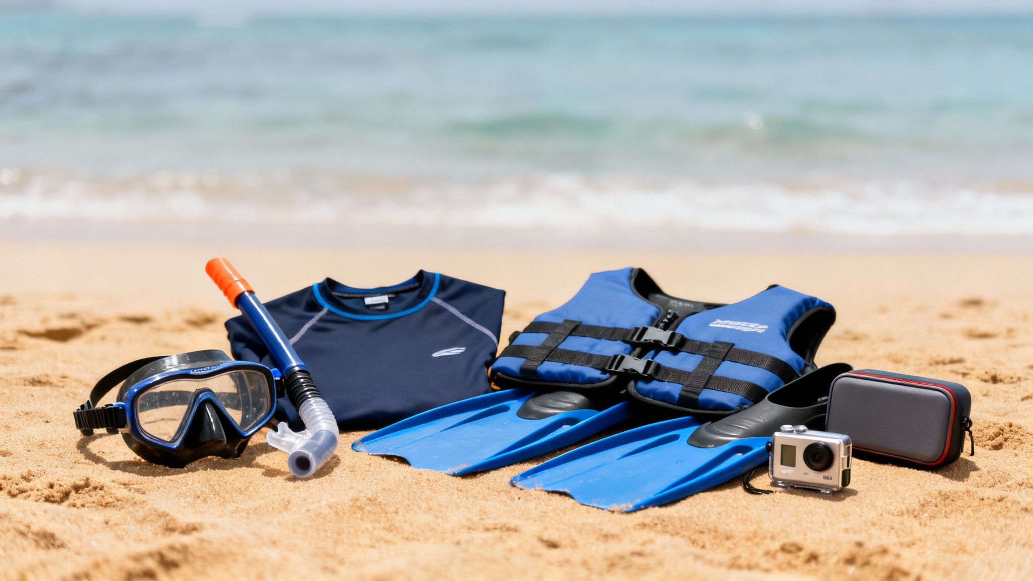 Essential snorkel gear laid out on sand