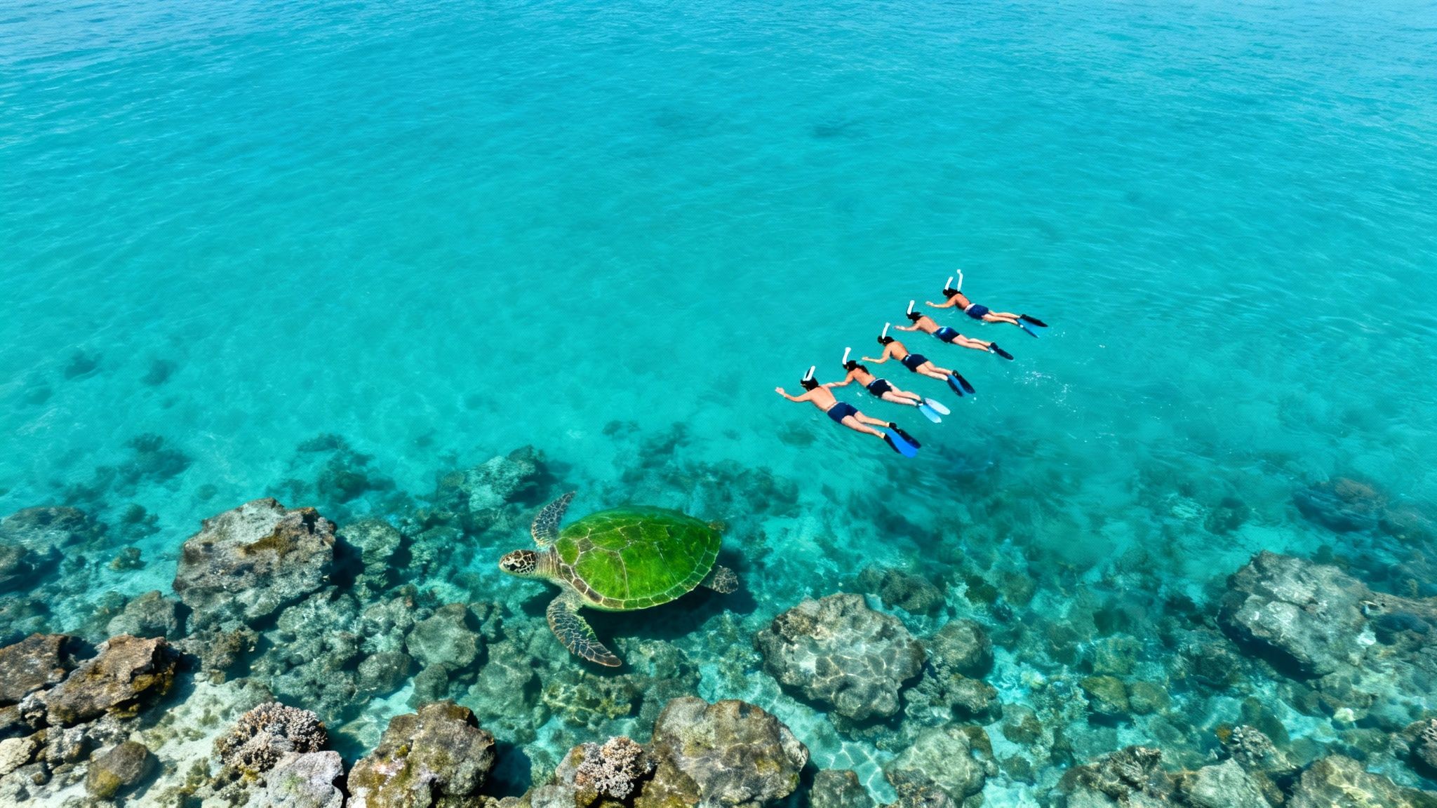 An aerial view of five people snorkeling in clear blue water next to a large sea turtle over coral reefs.