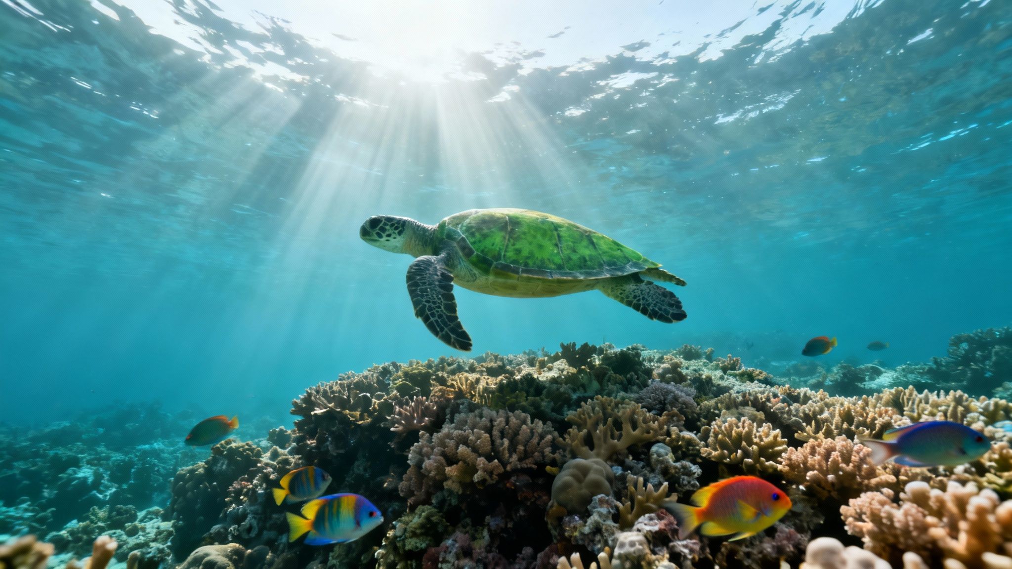 A majestic green sea turtle swims gracefully above a vibrant coral reef in clear blue ocean water with sun rays.