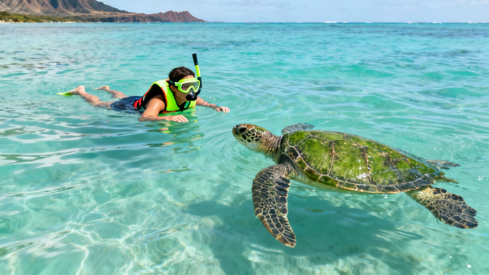 A person snorkeling with a large green sea turtle in clear blue ocean water off Oahu.