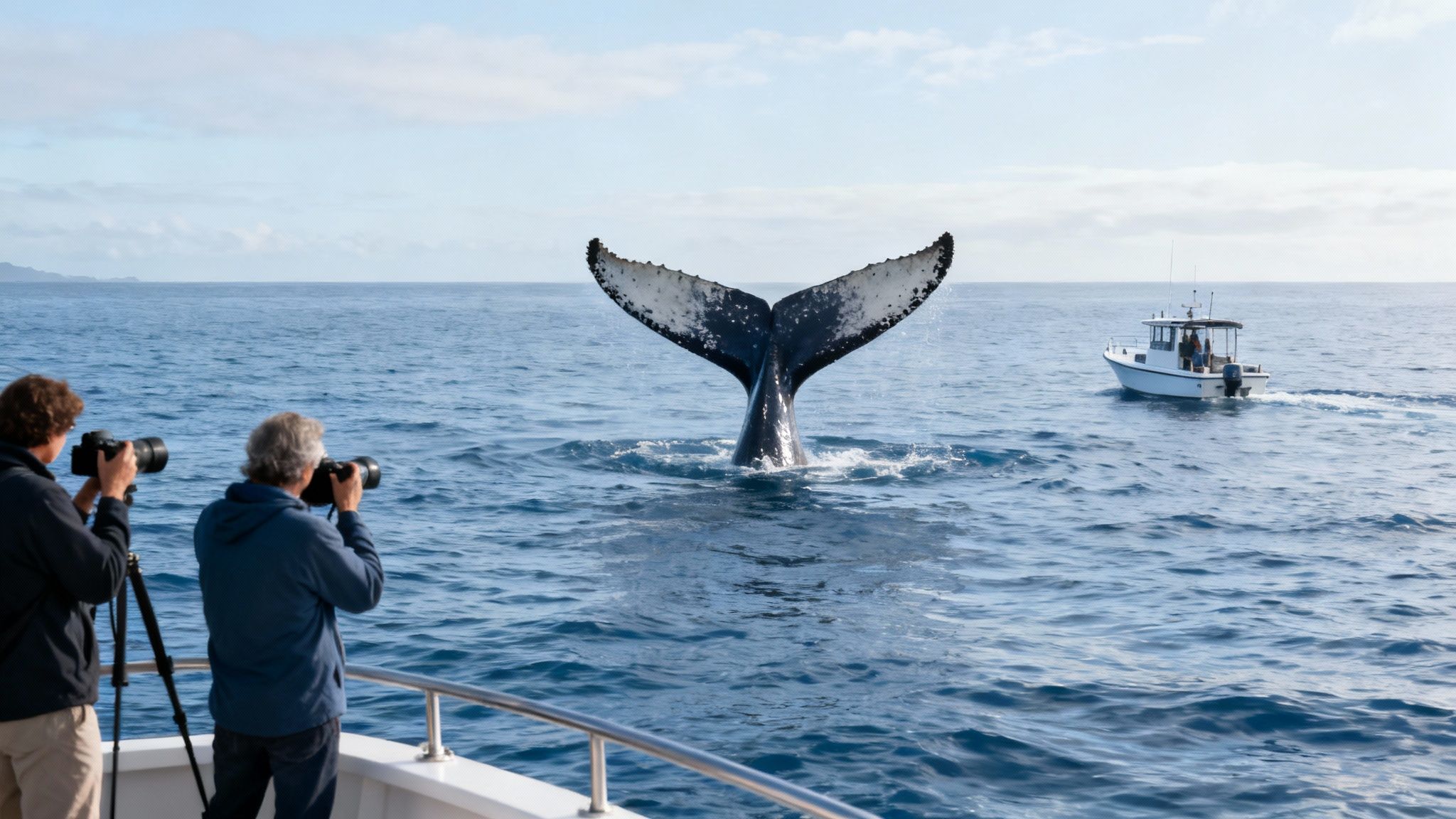 Two photographers on a boat capturing a magnificent whale's tail breaching the ocean surface.