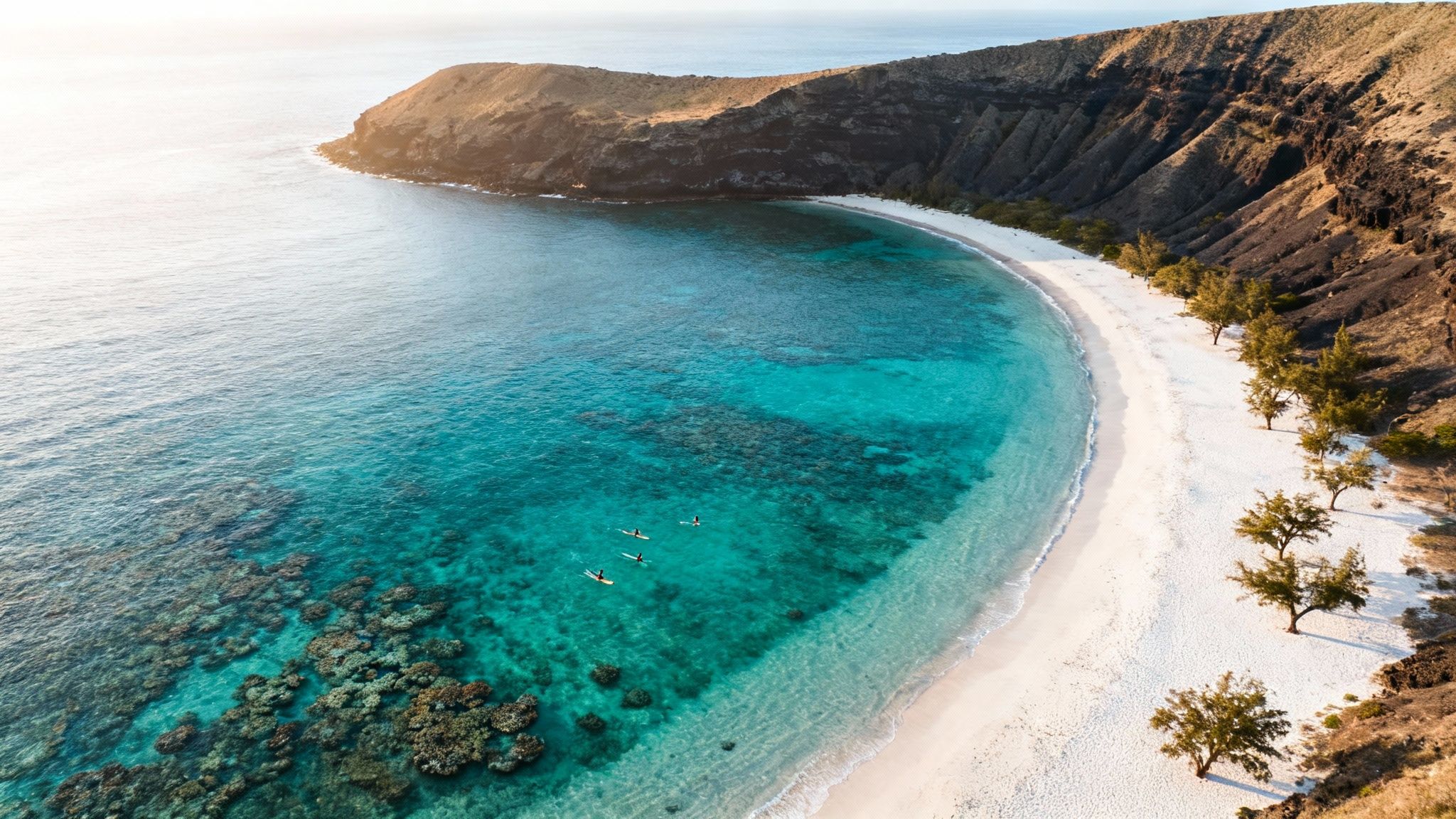Aerial view of a beautiful tropical bay with clear turquoise water, a white sand beach, and paddleboarders.