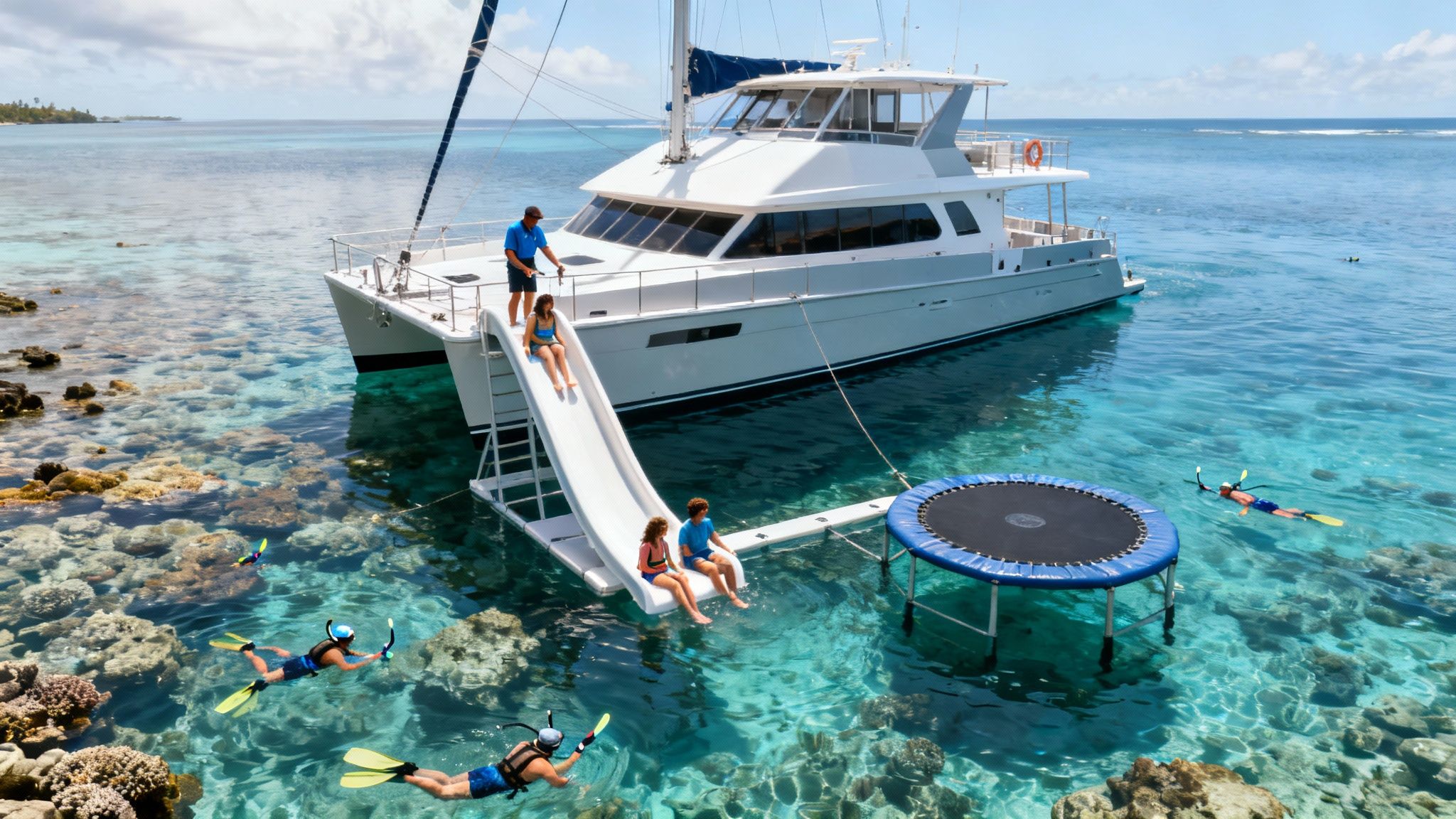 Family enjoying water activities on a luxurious yacht with a slide and trampoline in a tropical paradise.