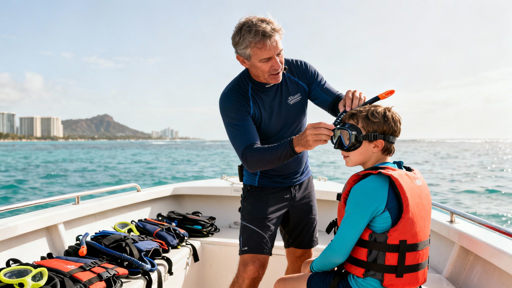 Man helps a boy with snorkeling gear on a boat in Hawaii, with Diamond Head in background.