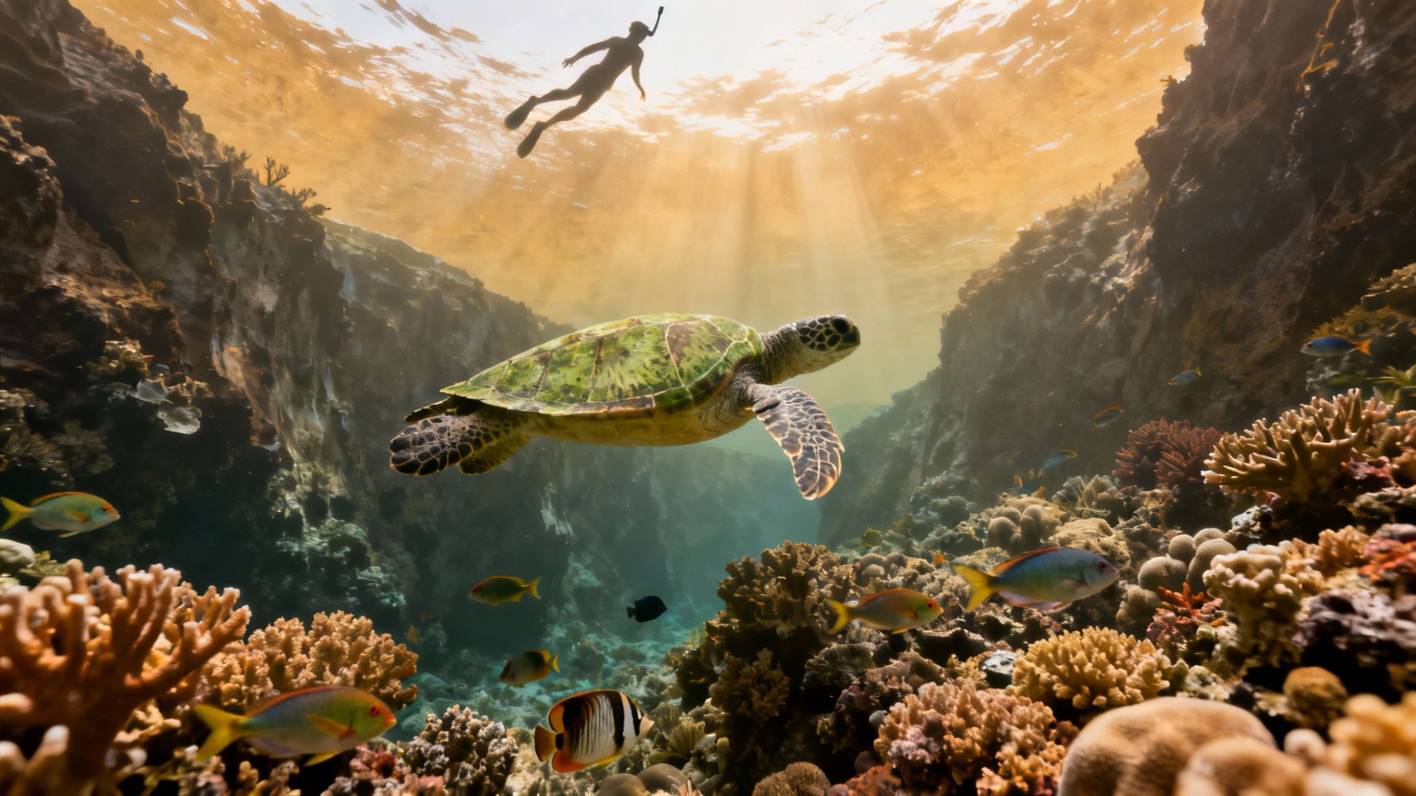 A vibrant underwater scene with a green sea turtle, colorful coral reef, fish, and a snorkeler with sun rays.