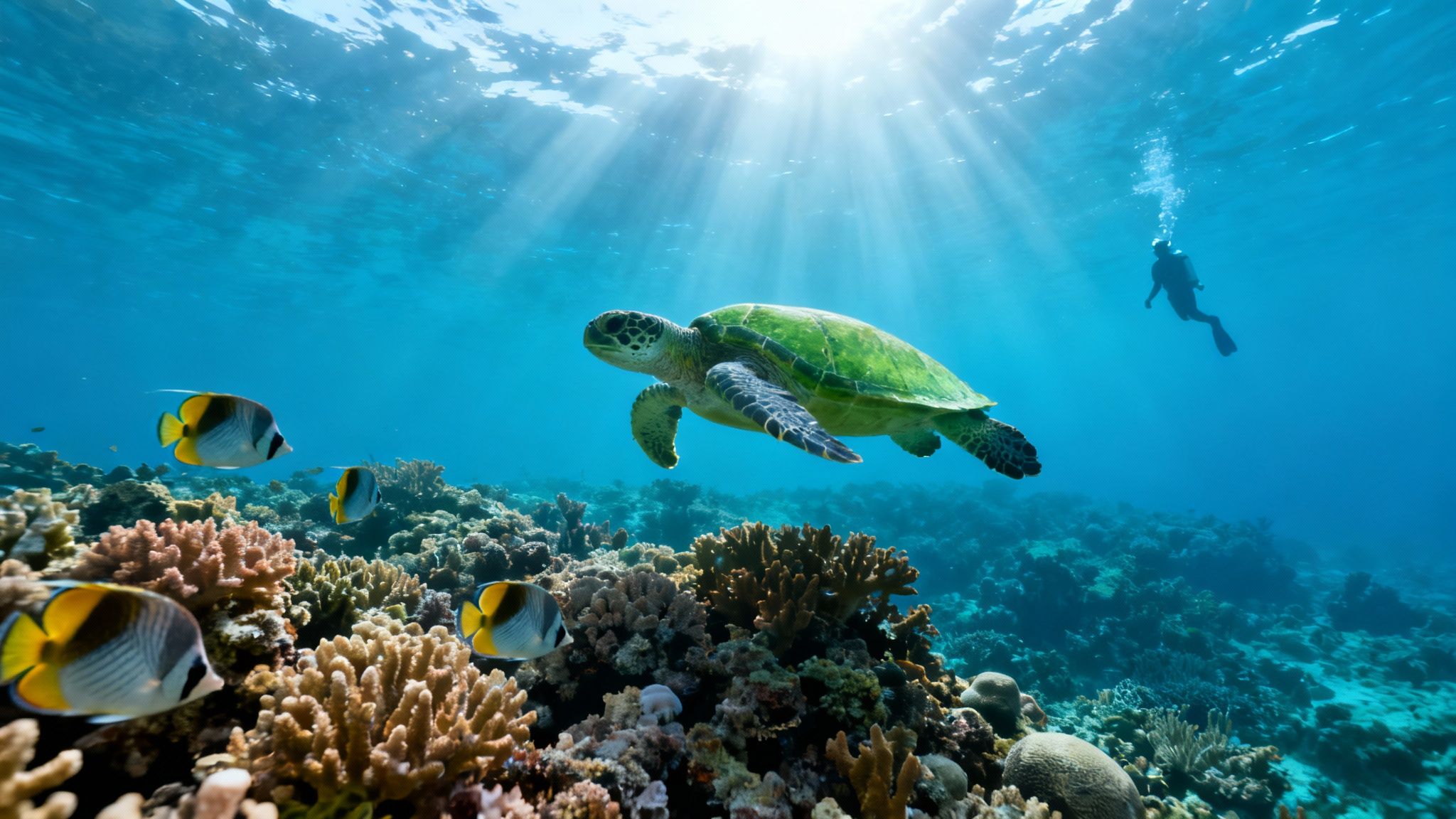 A majestic green sea turtle swims above a vibrant coral reef with tropical fish and a diver.
