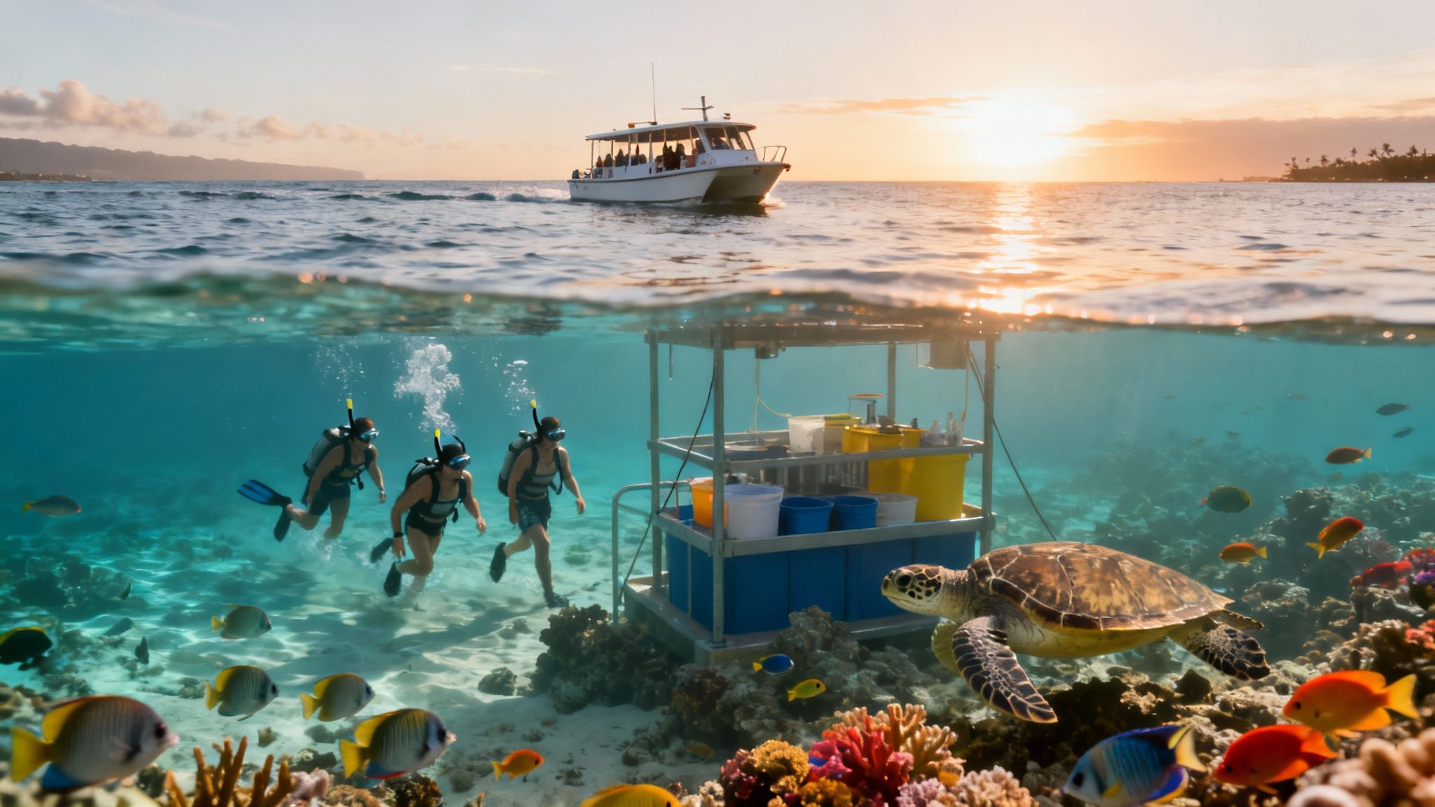 Split view of scuba divers exploring a colorful coral reef with a sea turtle and a boat at sunset.