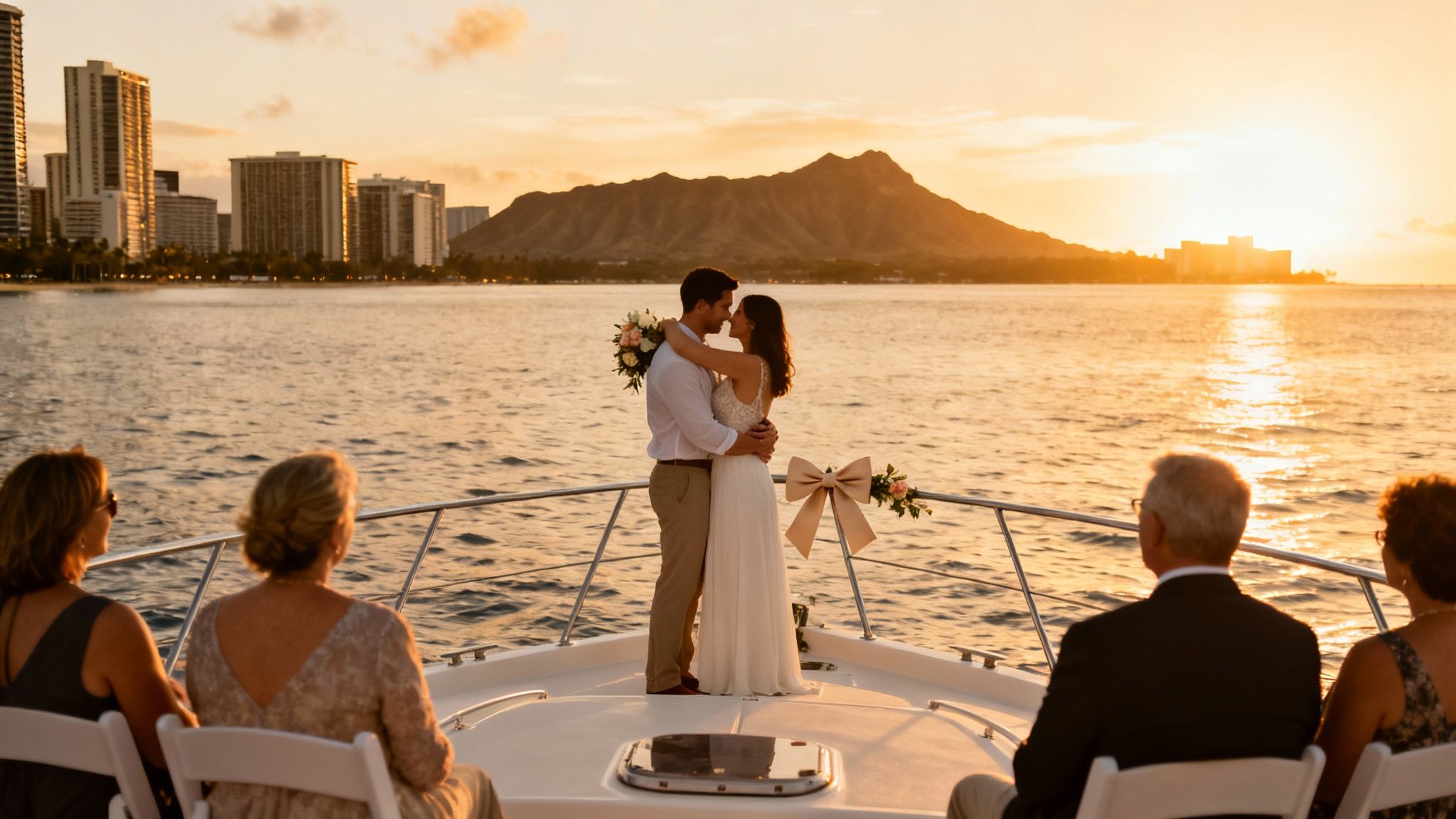Romantic sunset wedding on a private boat with a couple embracing and city skyline in background.