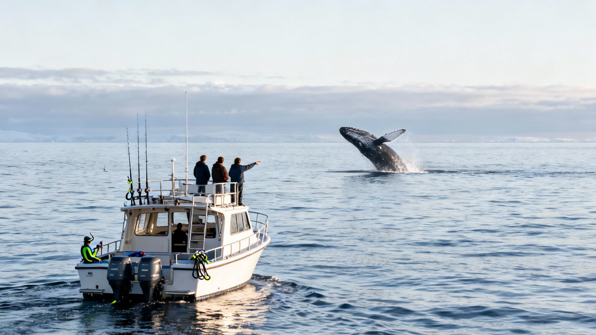 People on a boat observing a humpback whale breaching in the ocean under a cloudy sky.