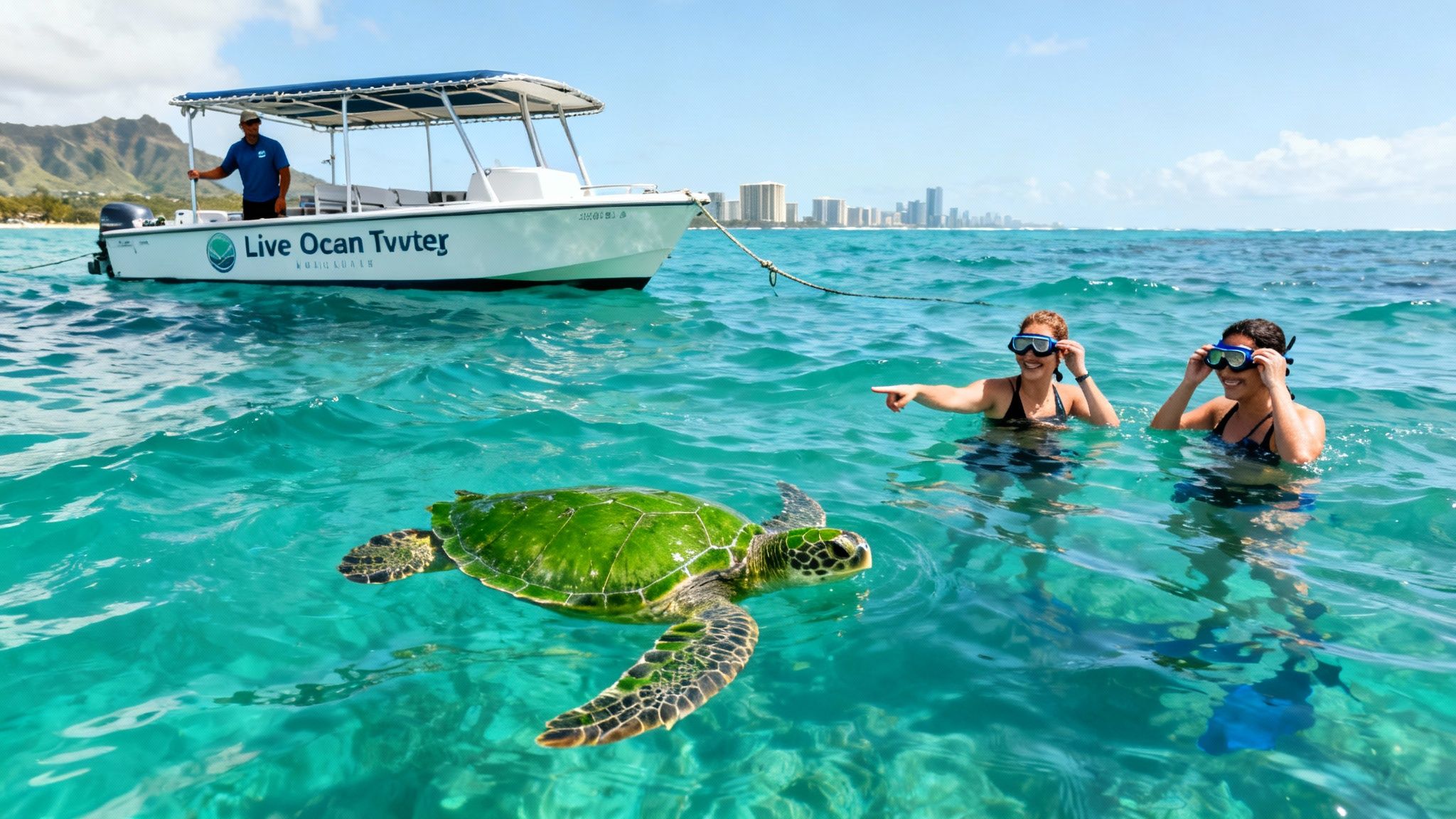 Two women snorkeling near a green sea turtle in clear blue ocean water with a boat and city skyline.