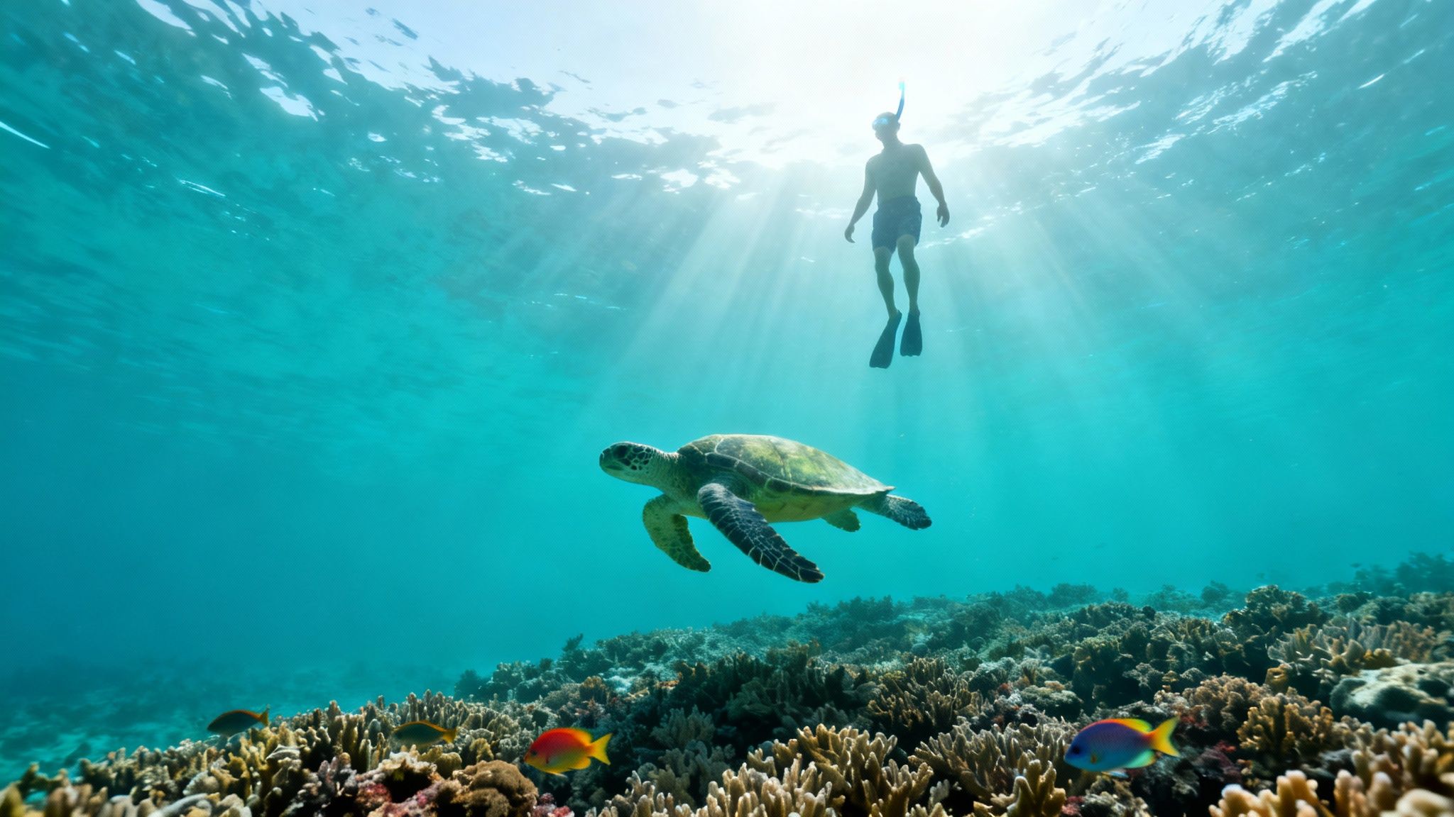 A snorkeler swims with a green sea turtle above a vibrant coral reef.