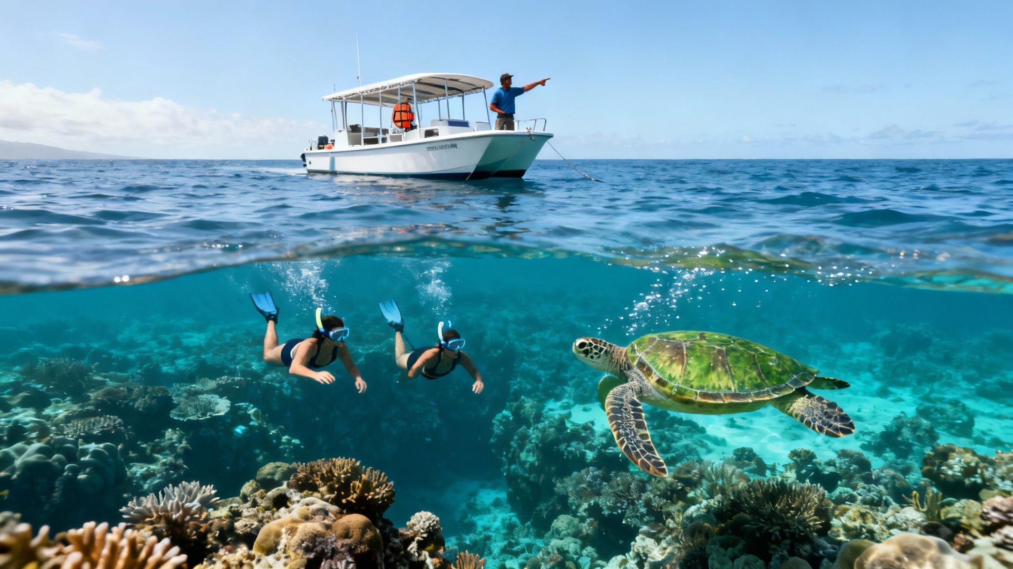 Split-level view: people snorkeling with a sea turtle near a boat above a vibrant coral reef.