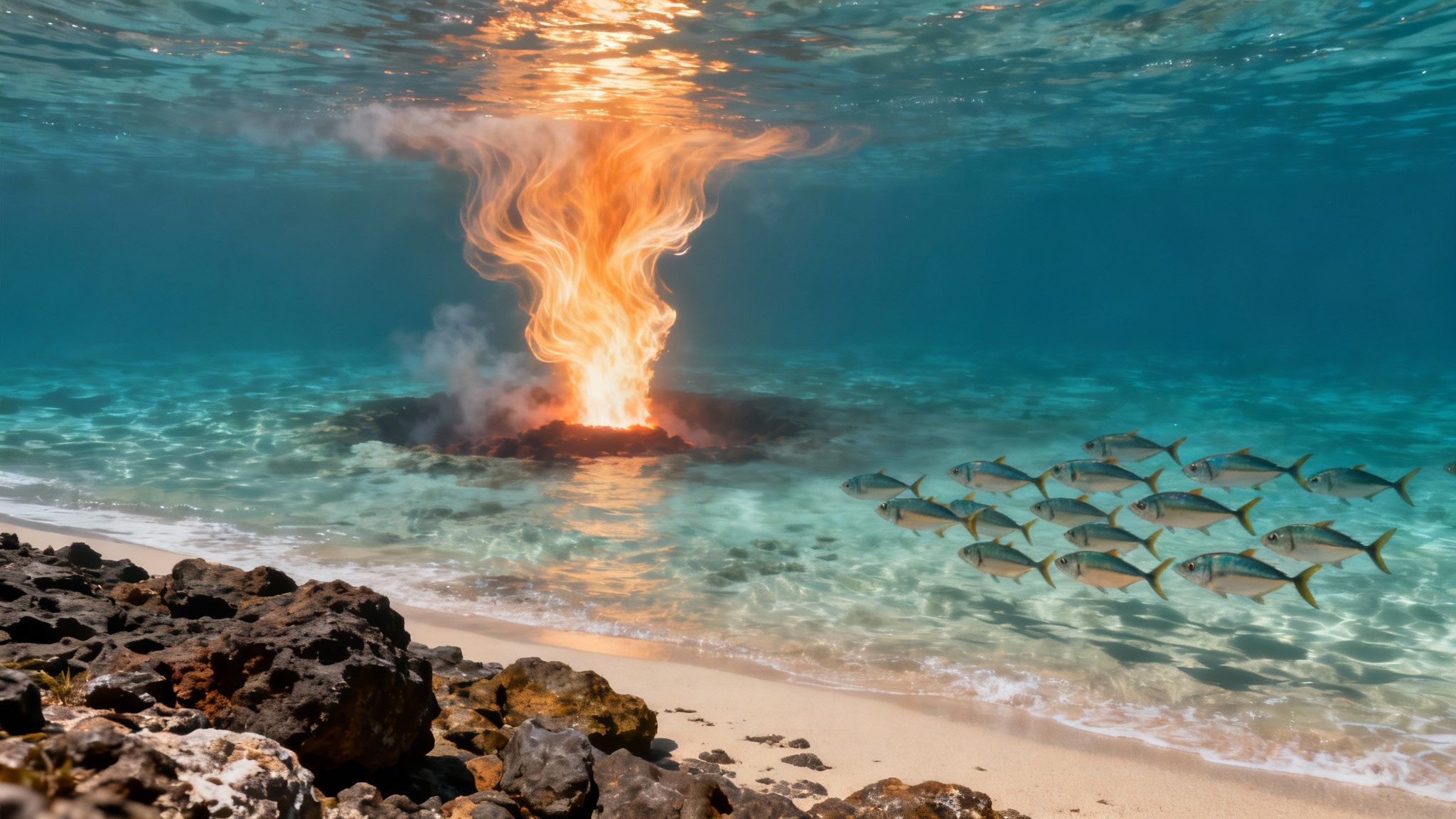 A fiery underwater volcano plume on the seafloor near a sandy beach with a school of fish.