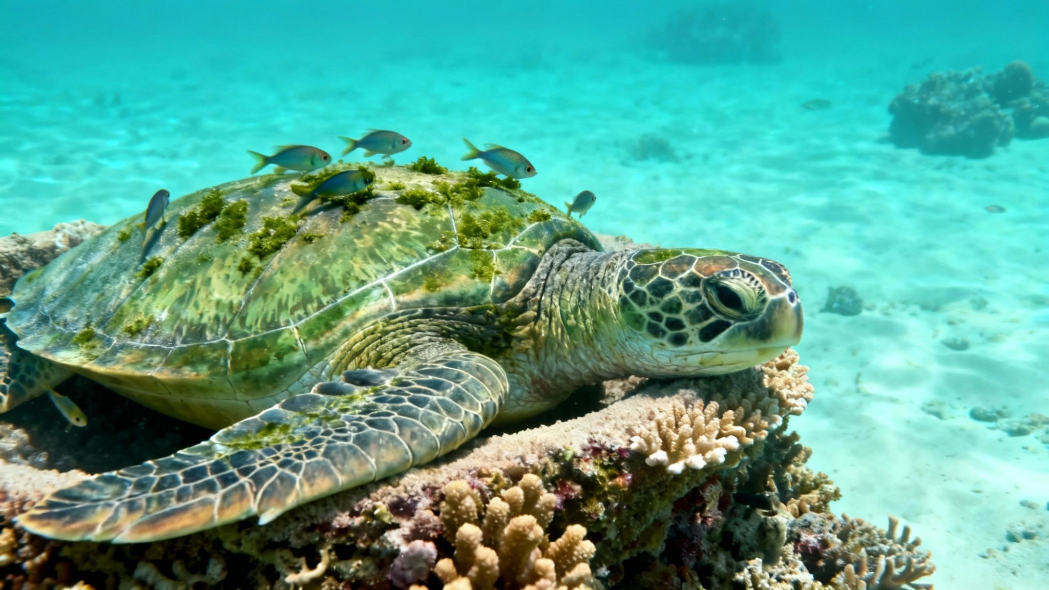 A green sea turtle rests on coral, its shell covered in algae and small fish, in clear blue water.