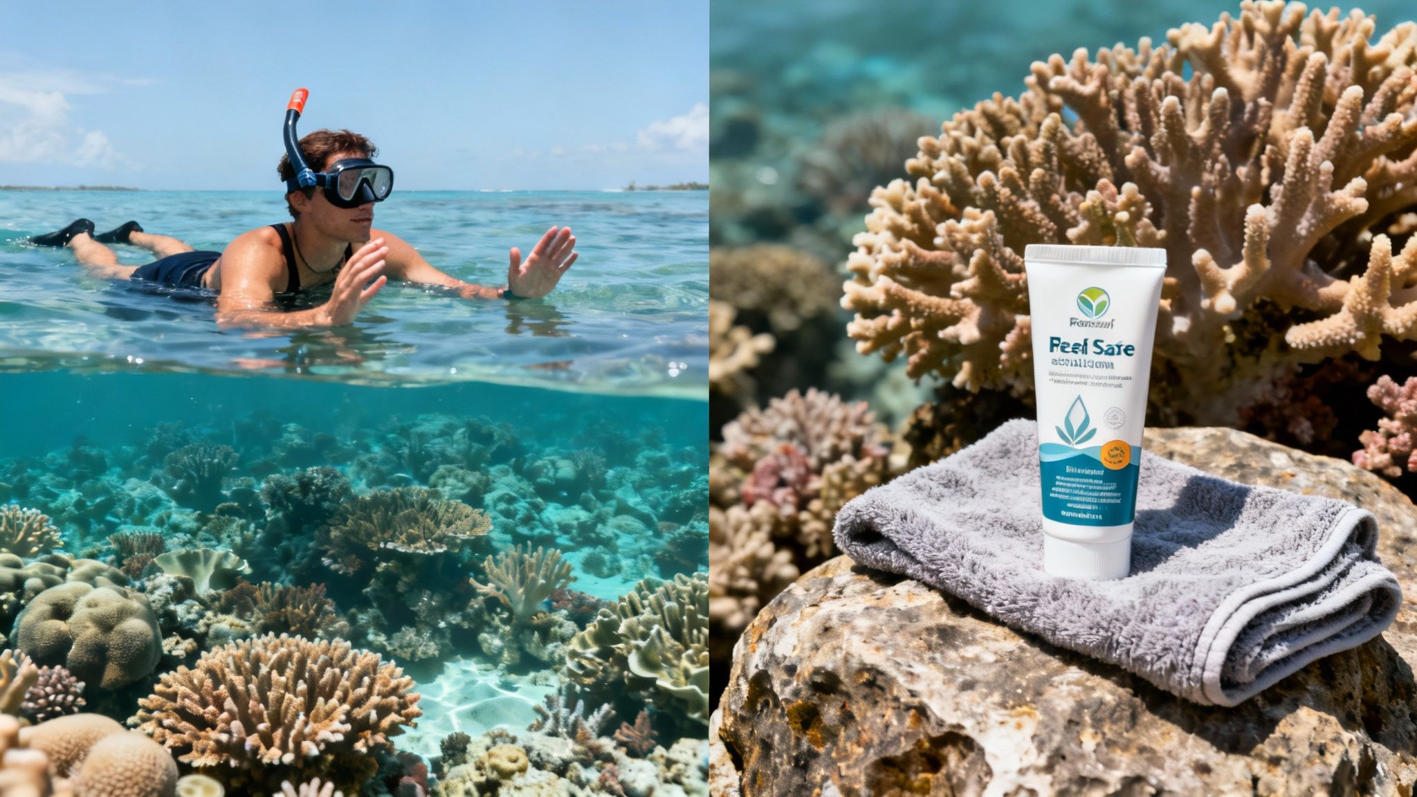 A man snorkeling over a vibrant coral reef, next to a tube of reef-safe sunscreen on a towel.