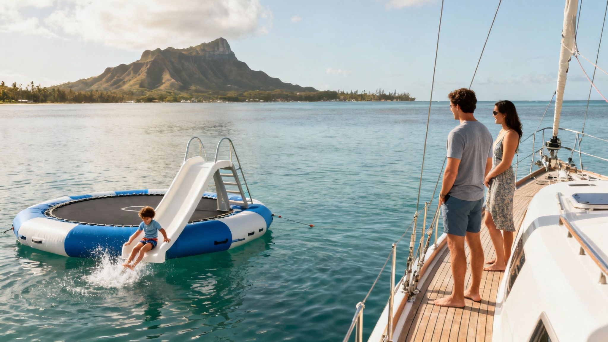 A family enjoys a tropical vacation, with a child on a water trampoline and parents on a yacht.