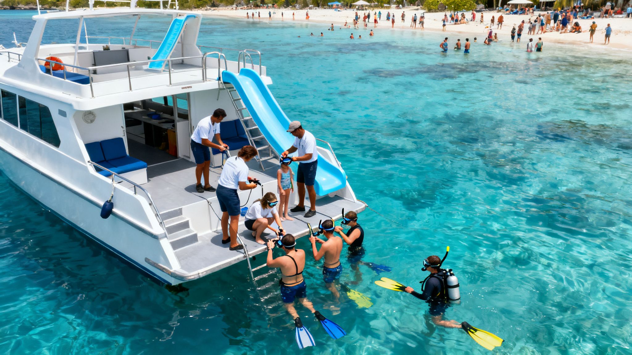 People snorkeling and preparing to snorkel from a boat with a slide in clear blue tropical waters.