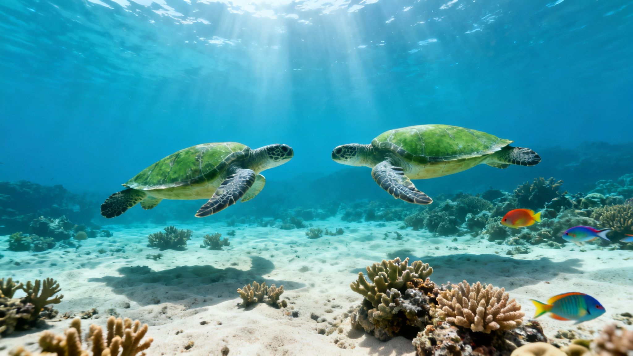 Two green sea turtles gracefully swim above a colorful coral reef, with sunlight rays filtering through clear blue water.