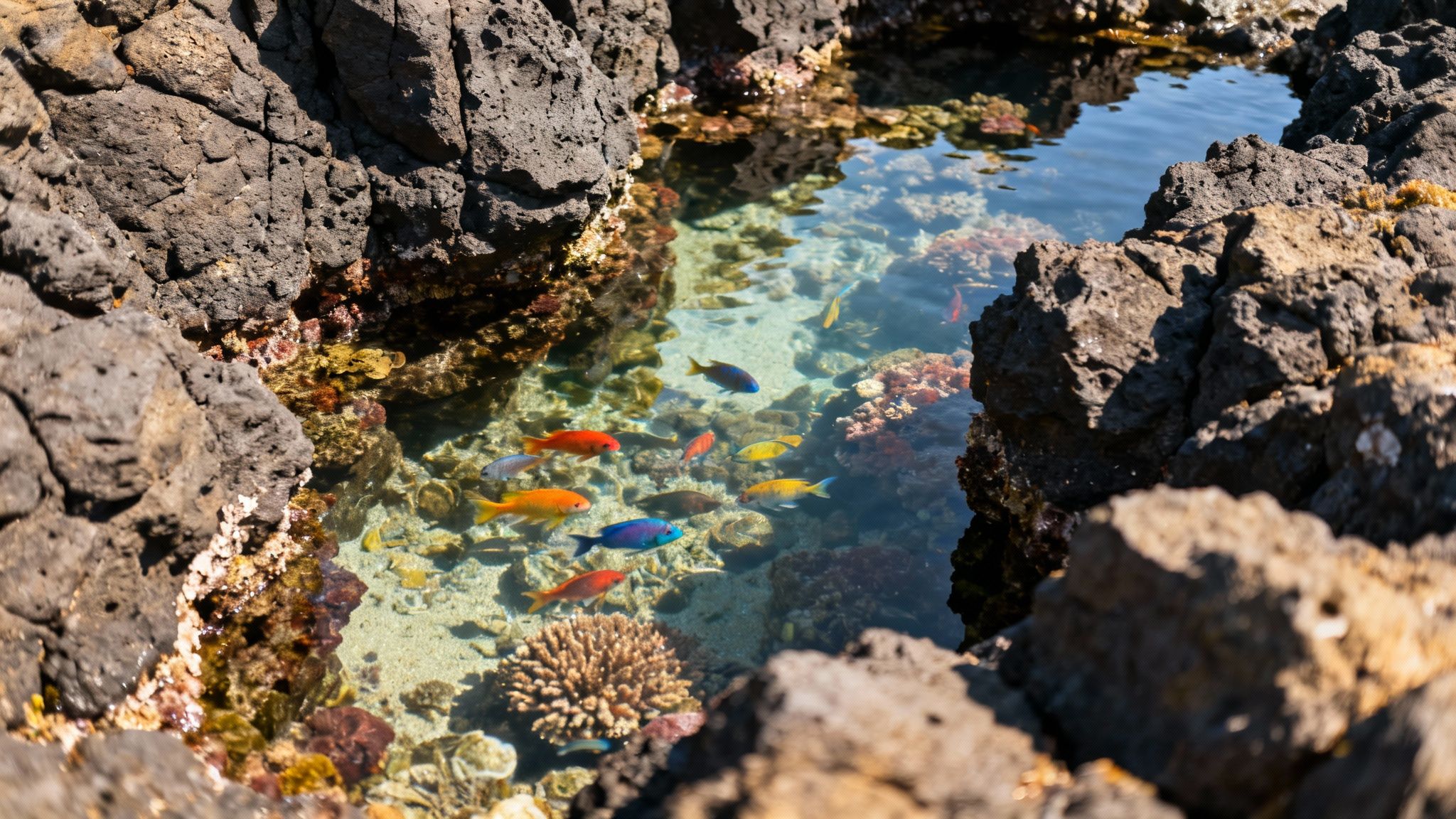 A vibrant tide pool filled with colorful tropical fish swimming among coral and volcanic rocks.