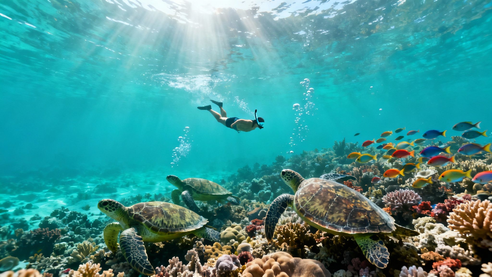A person snorkeling above three sea turtles and colorful fish on a vibrant coral reef.
