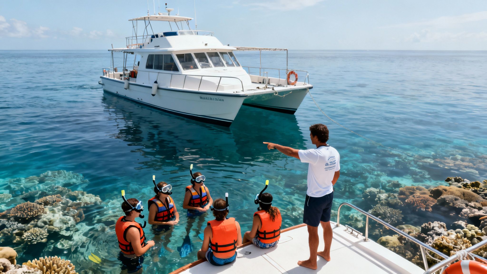 An instructor guides snorkelers next to a catamaran over vibrant coral reefs in clear blue water.