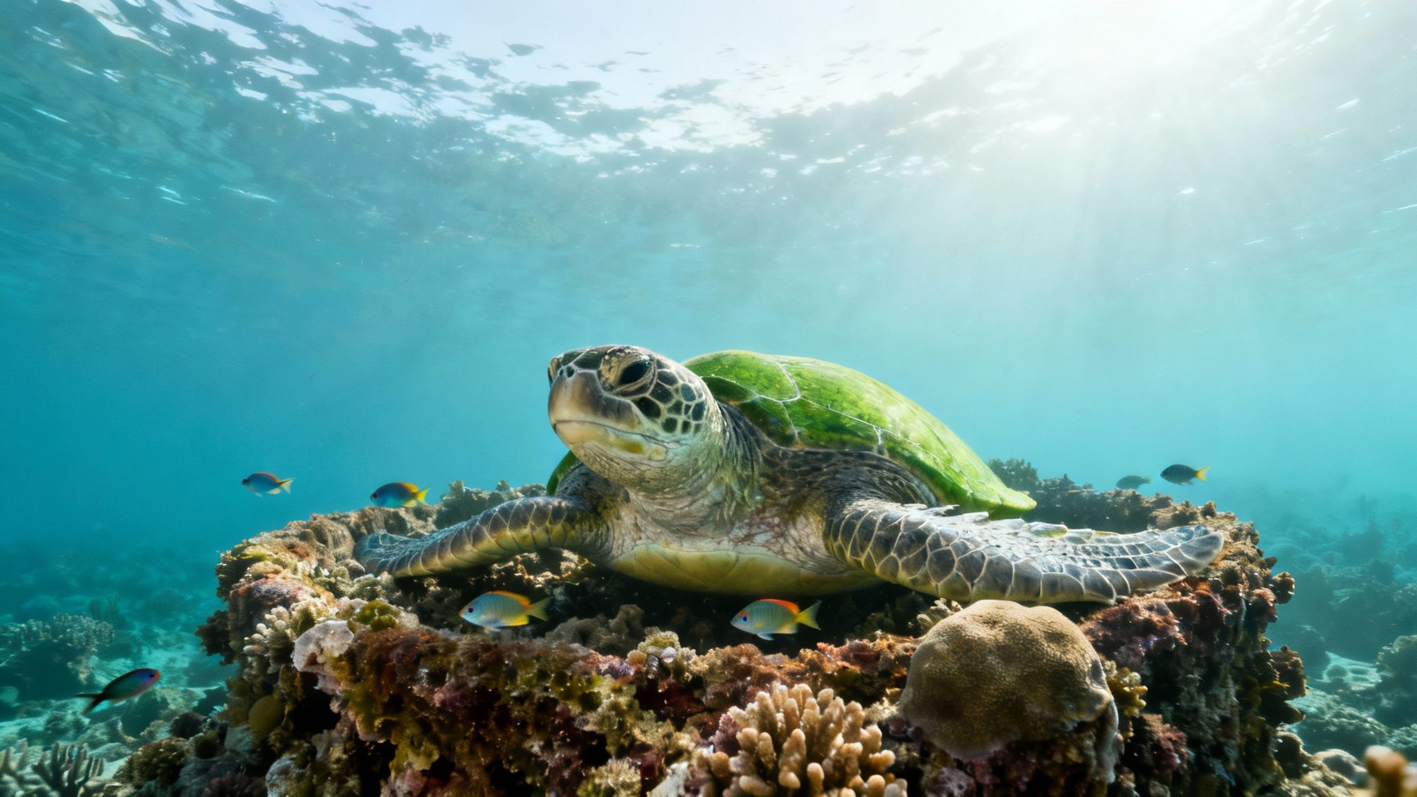 A majestic green sea turtle rests on a vibrant coral reef, surrounded by small colorful fish.