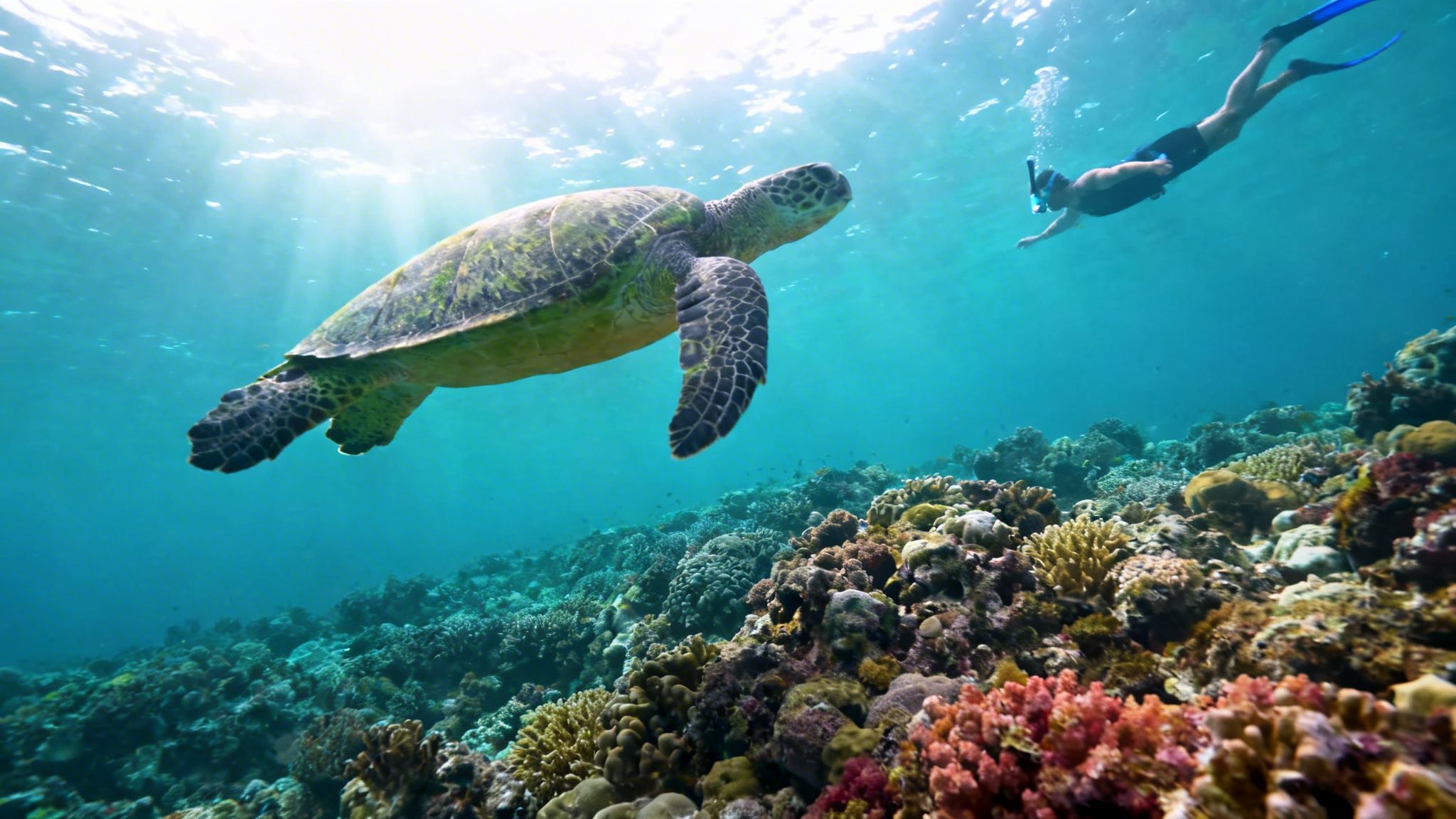 A large sea turtle swims gracefully over a vibrant coral reef as a person snorkels nearby.