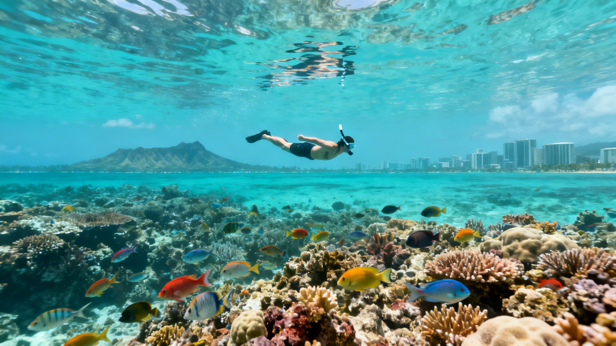 A person snorkeling over a vibrant coral reef with colorful fish, with Diamond Head and Waikiki in the background.