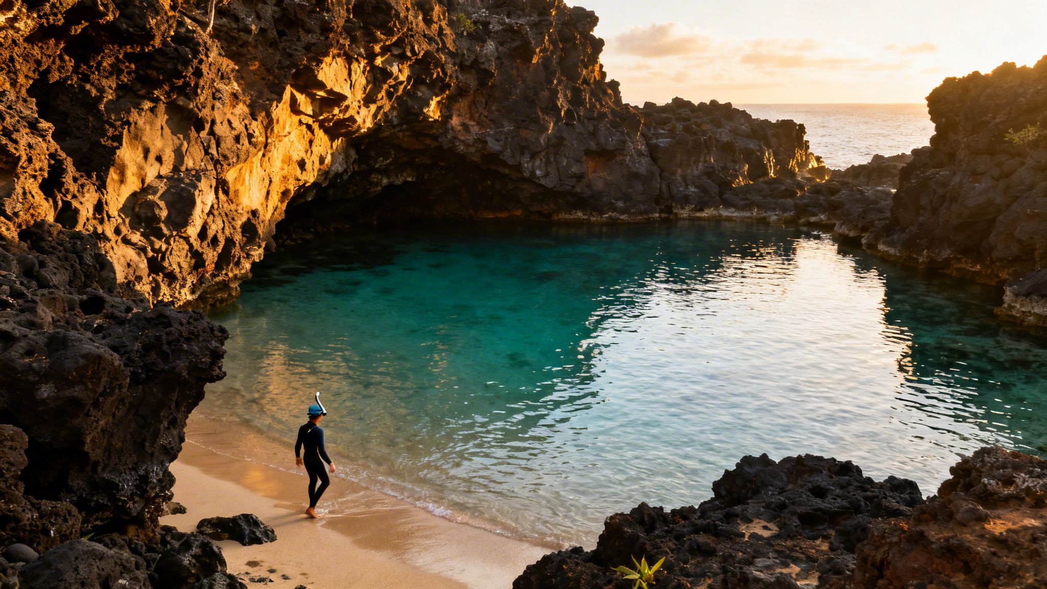 A person in a wetsuit with snorkel gear walks into a beautiful turquoise cove at sunset.
