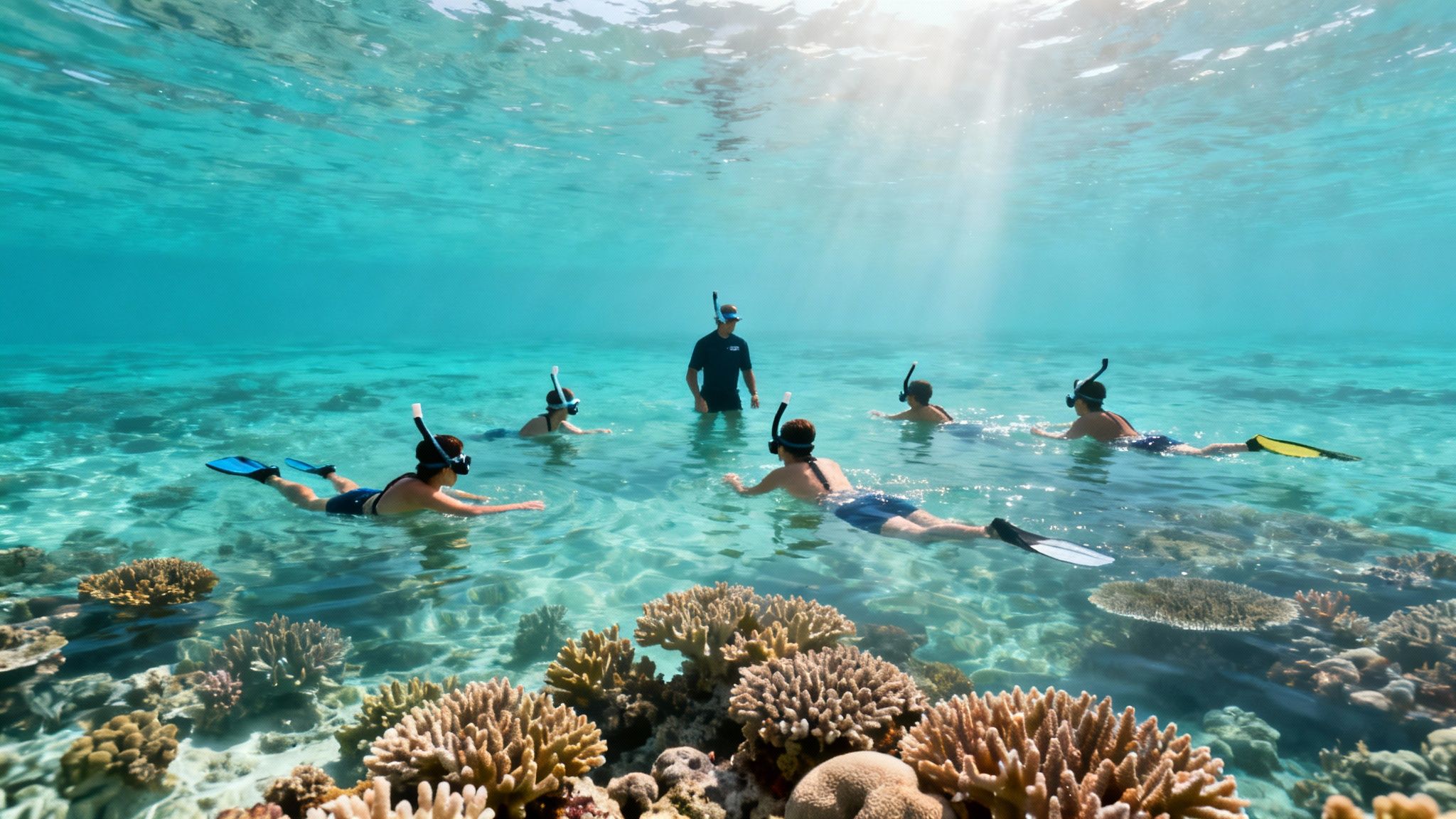 A group of people snorkeling with an instructor in clear turquoise water over vibrant coral reefs.