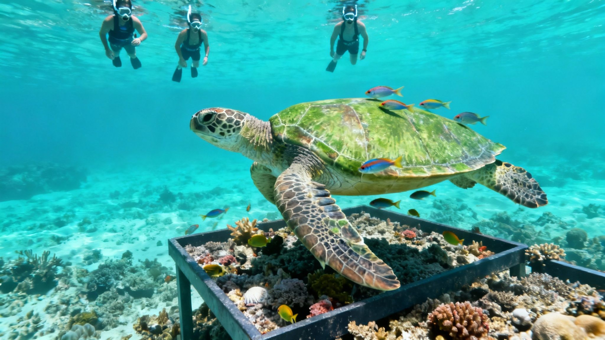 People snorkeling above a sea turtle with colorful fish on its shell, near a coral reef restoration project.
