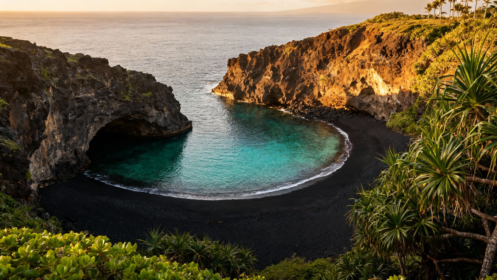 Stunning aerial view of a black sand beach cove with turquoise water, volcanic cliffs, and lush green plants at sunset.