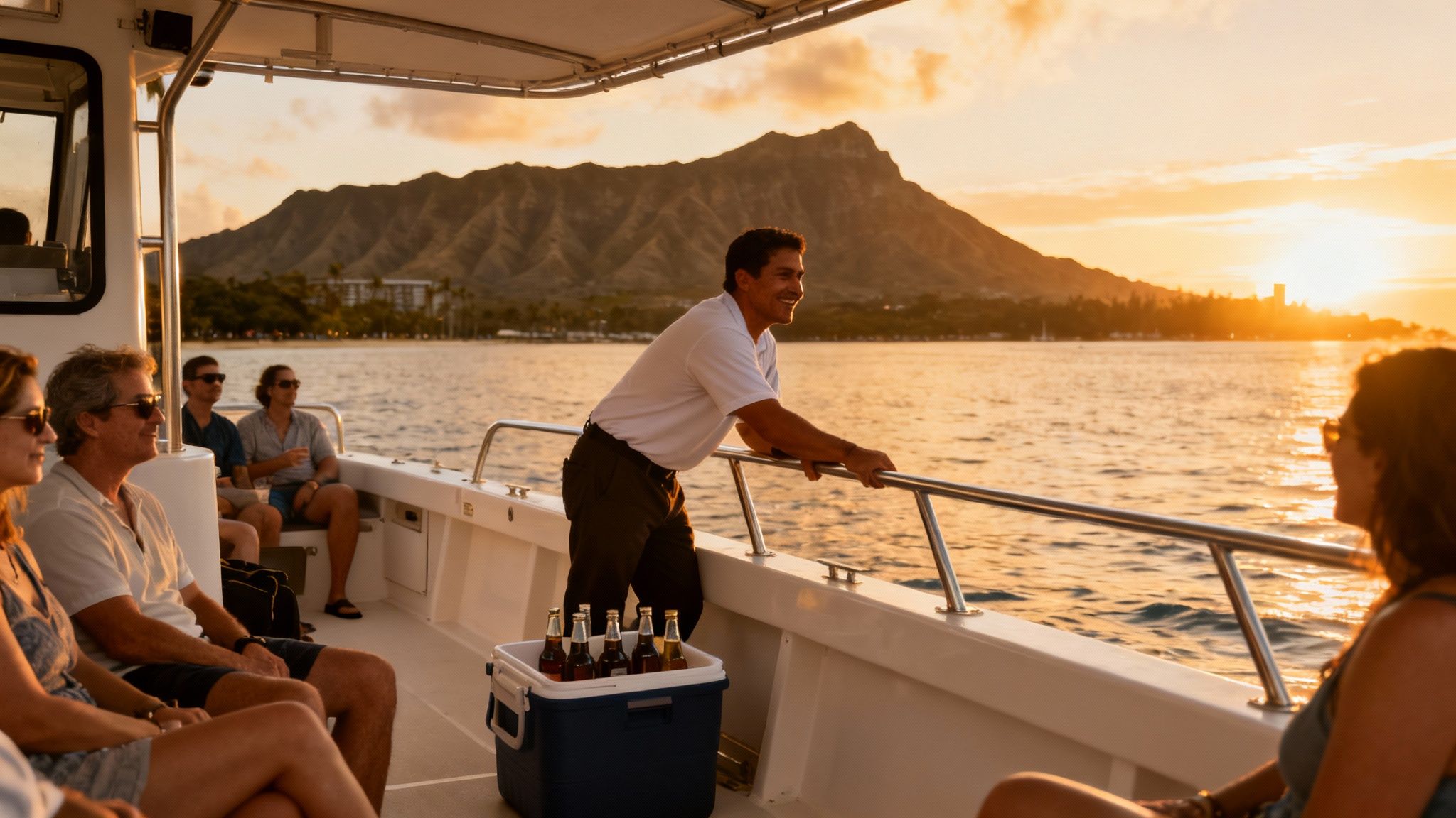 Passengers relax on a boat during a beautiful Hawaiian sunset cruise near Diamond Head.