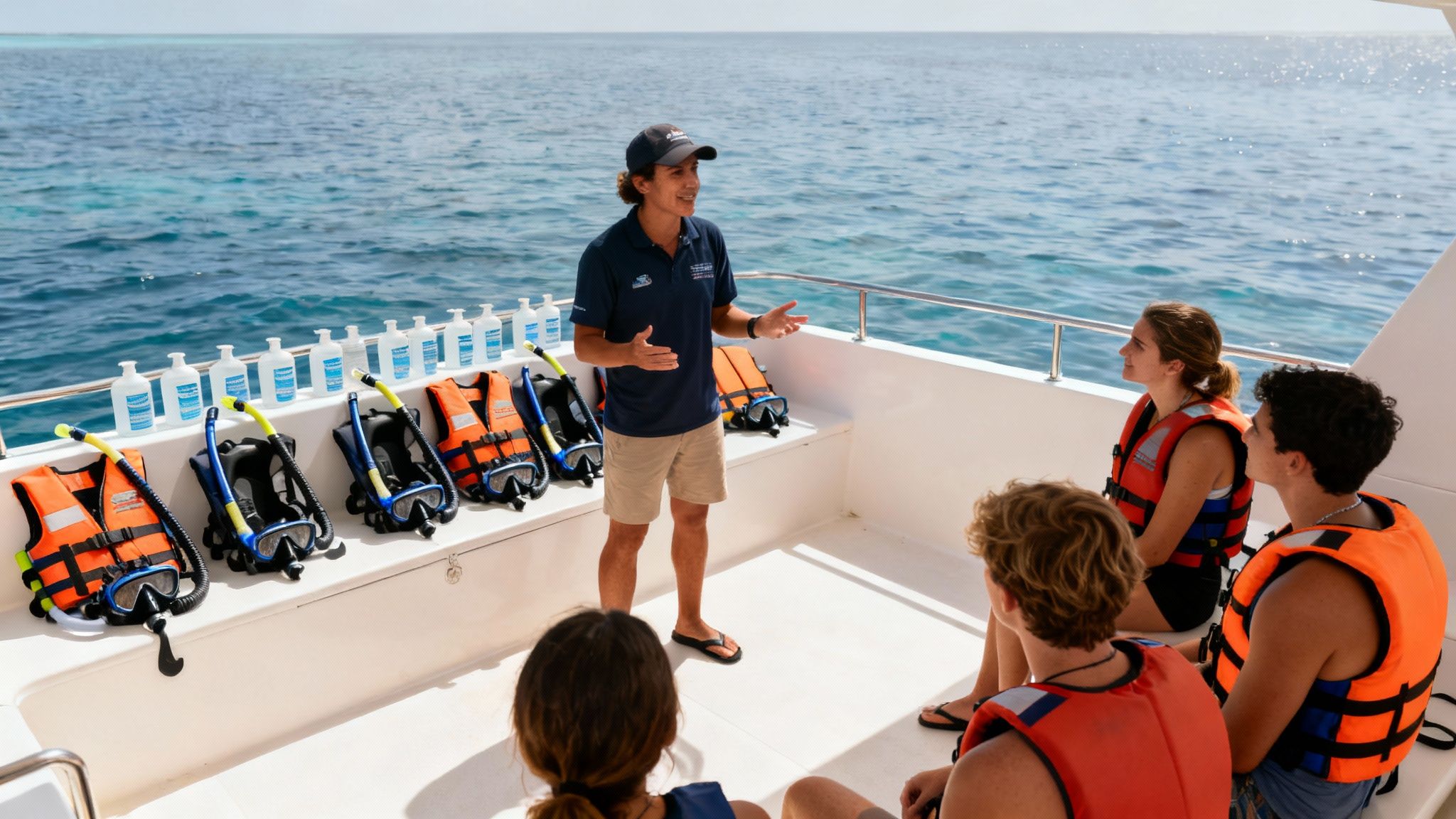 An instructor briefs a group of people on a boat with snorkeling gear and life vests.