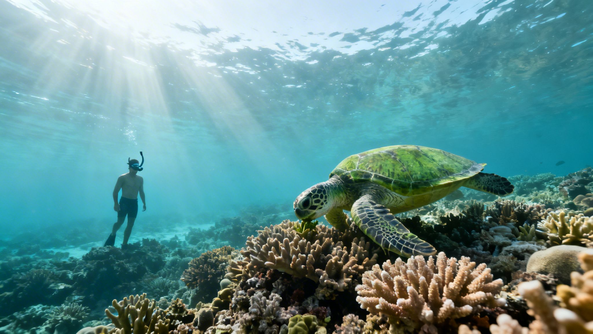 A snorkeler observes a green sea turtle feeding on coral in a vibrant sunlit underwater reef.