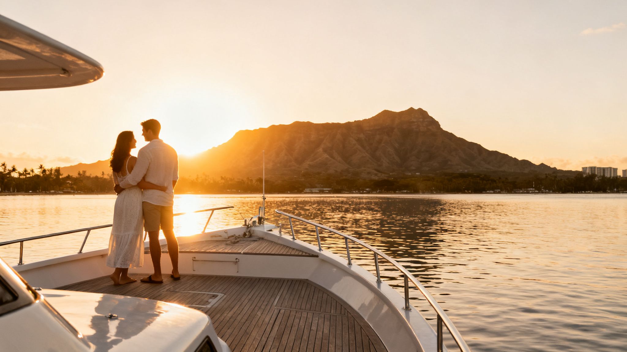 A couple embraces on a yacht deck, watching a romantic Hawaiian sunset over Diamond Head mountain.