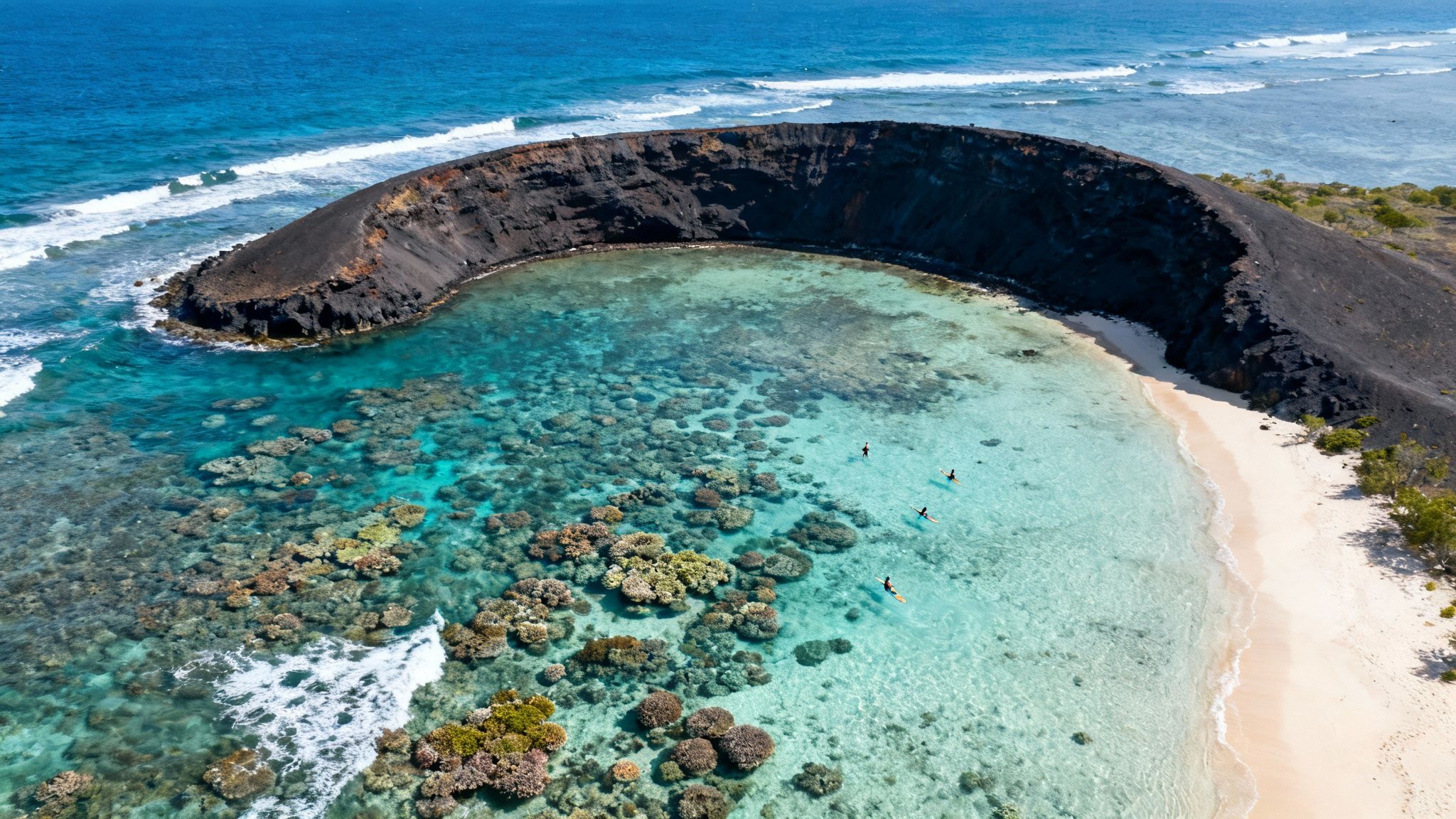 Aerial view of a volcanic crater lagoon with coral reefs, sandy beach, and people paddleboarding.