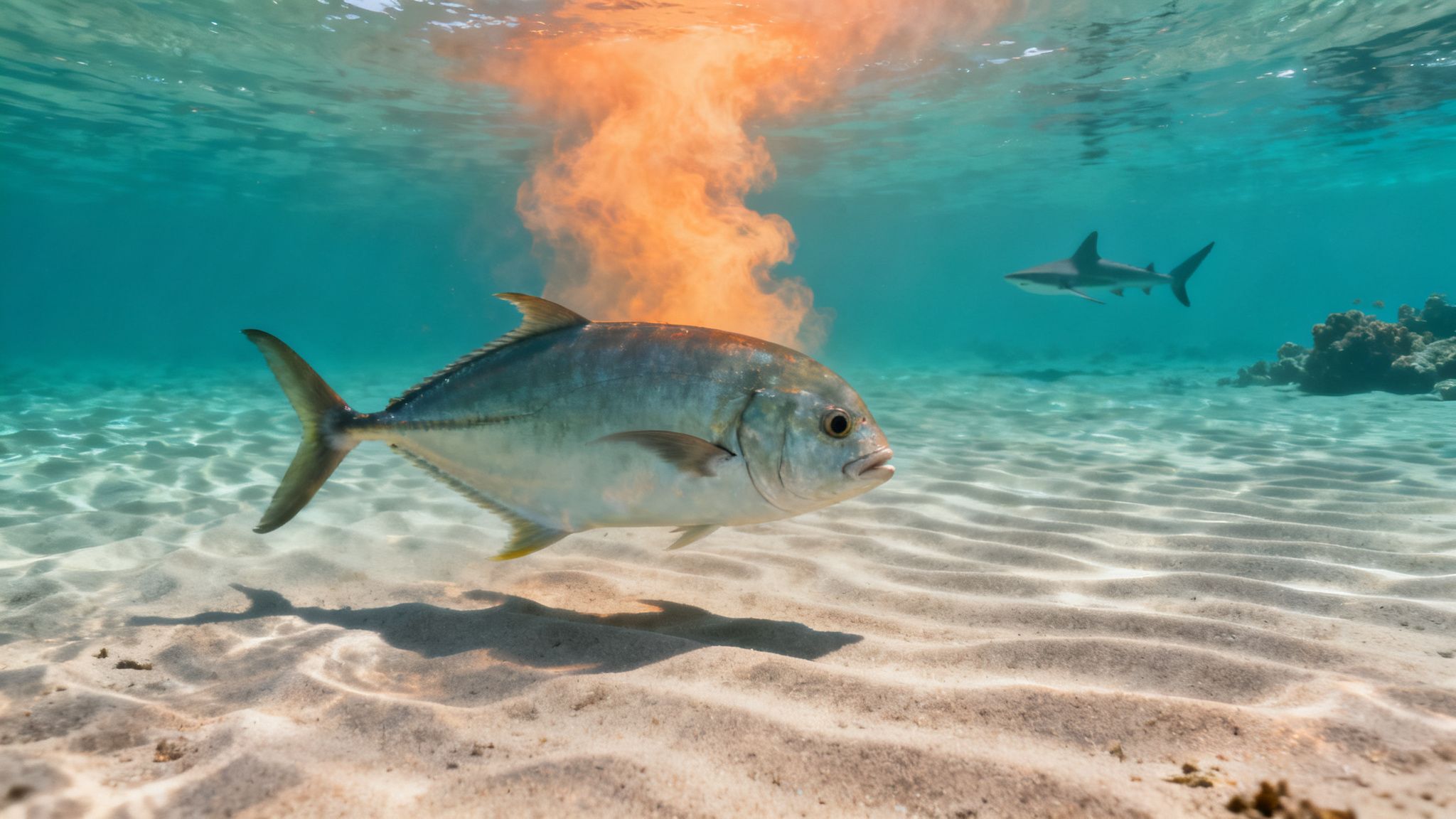 A captivating underwater view of a large fish above sand, with an orange cloud and a distant shark.