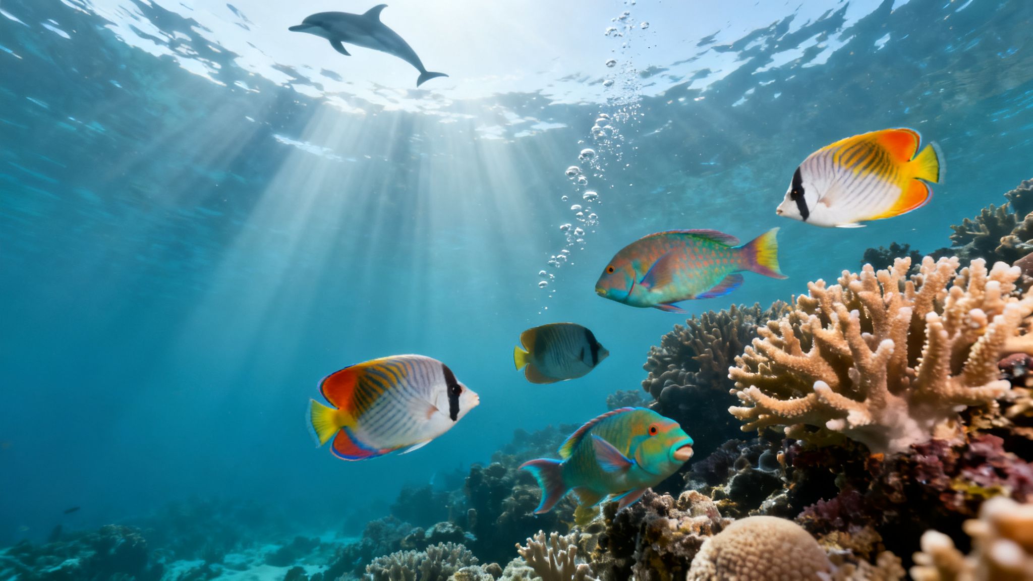 A dolphin swims above colorful tropical fish and vibrant coral reefs in a sunlit underwater scene.