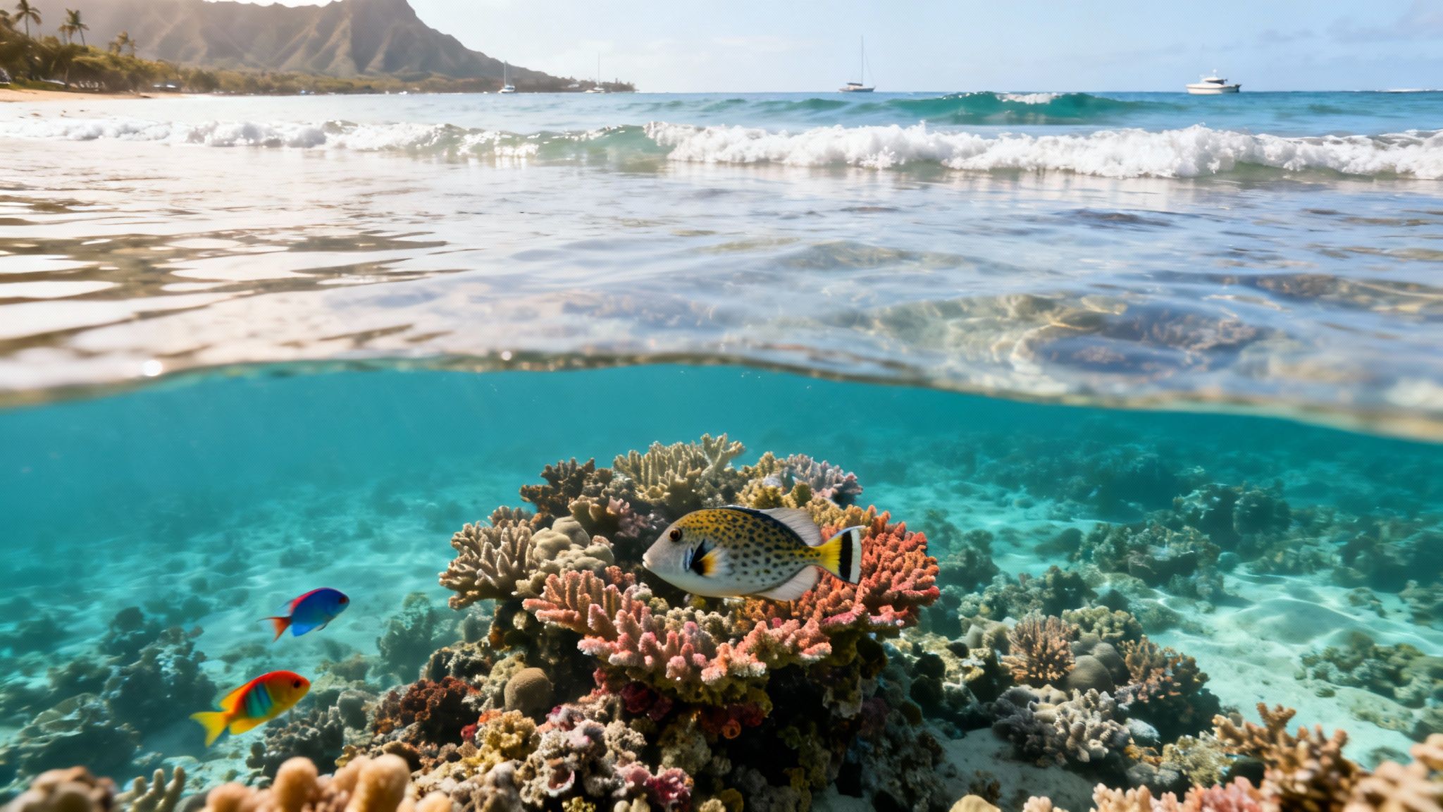 Over-under view of a vibrant coral reef with colorful fish, clear blue water, and a tropical beach.