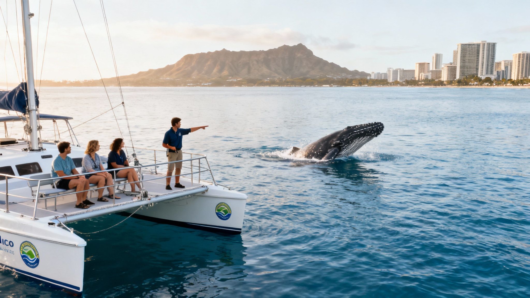 A majestic humpback whale breaching the ocean with the Honolulu coastline in the background.