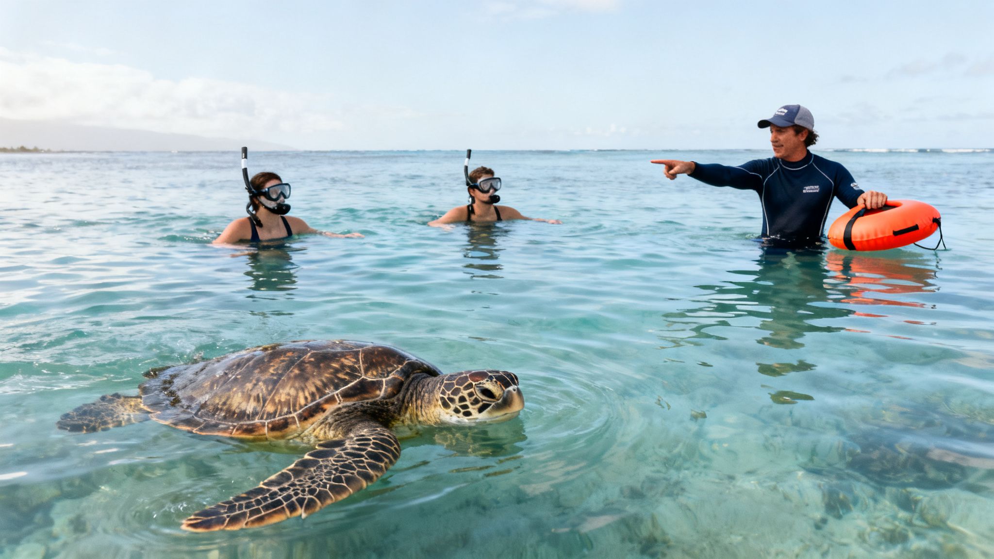 A guide points to a large sea turtle swimming near two snorkelers in clear ocean water.