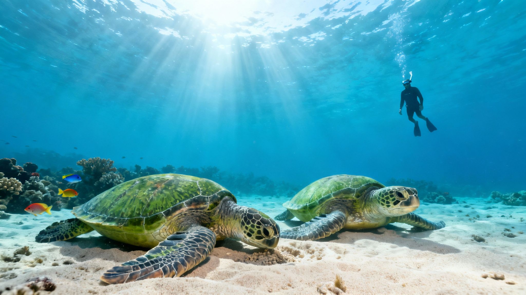Two large green sea turtles resting on the sandy ocean floor, with a snorkeler and coral nearby.