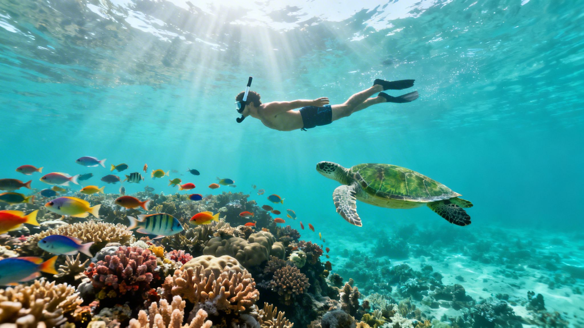 Man snorkeling near a sea turtle and colorful fish over a vibrant coral reef in clear blue water.
