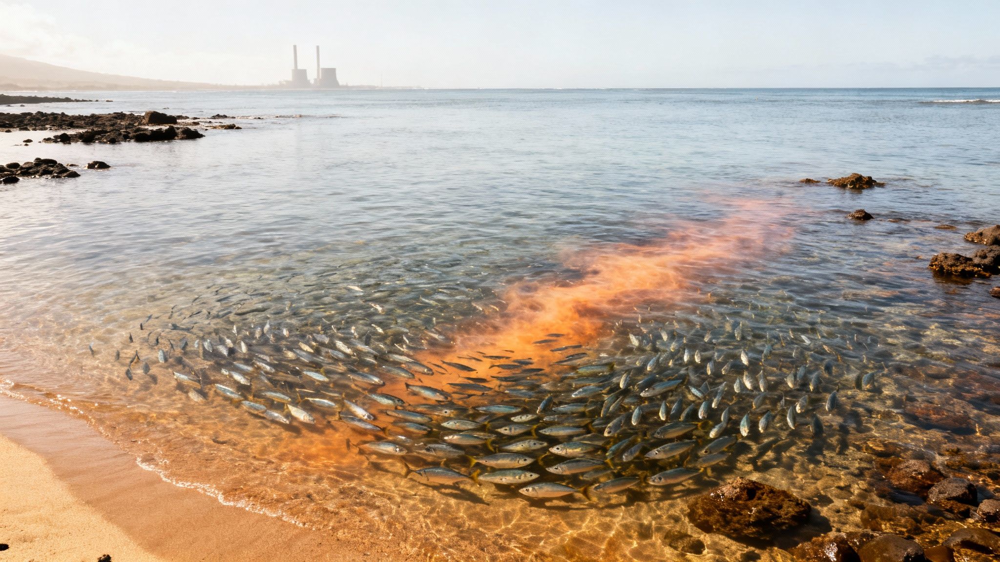 A dense school of fish swims in clear ocean water near a beach, with a power plant in the distance.