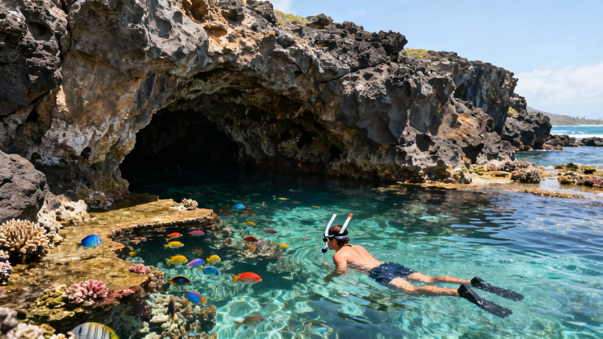 A person snorkeling in a tropical lagoon with colorful fish, coral, and a rocky cave entrance.