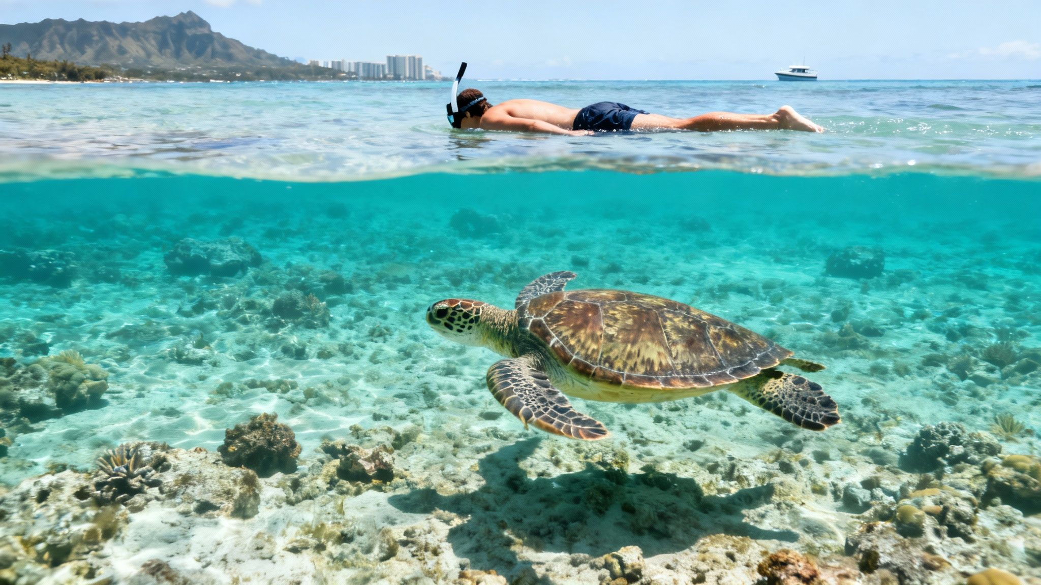 A person snorkeling above a sea turtle in clear blue Hawaiian waters near Diamond Head, Oahu.