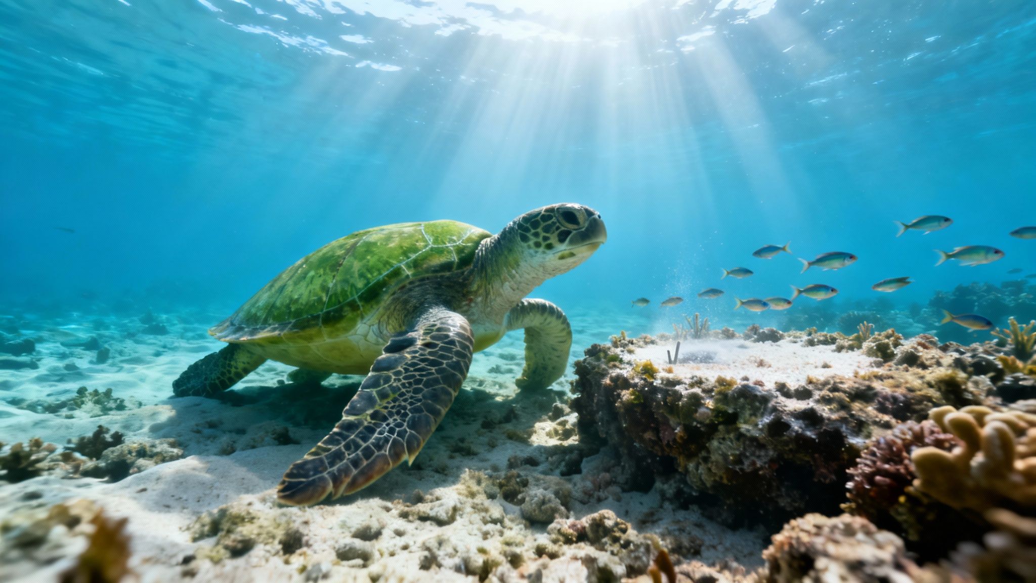 Underwater view of a green sea turtle swimming over a sandy seabed with corals and fish.