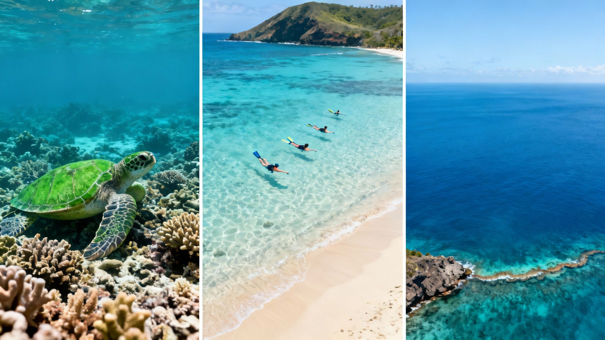 A collage showing a green sea turtle underwater, people snorkeling at a tropical beach, and an aerial view of the vast blue ocean with a coral reef.