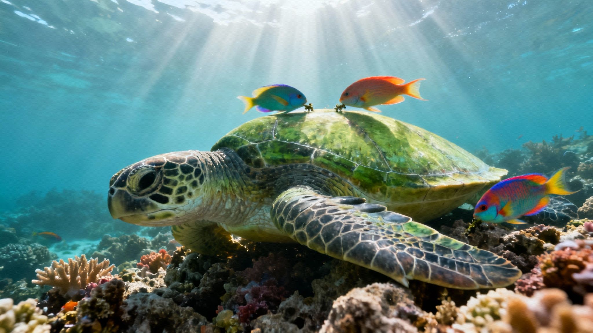A majestic sea turtle swims among vibrant coral, surrounded by colorful tropical fish under sunlit water.